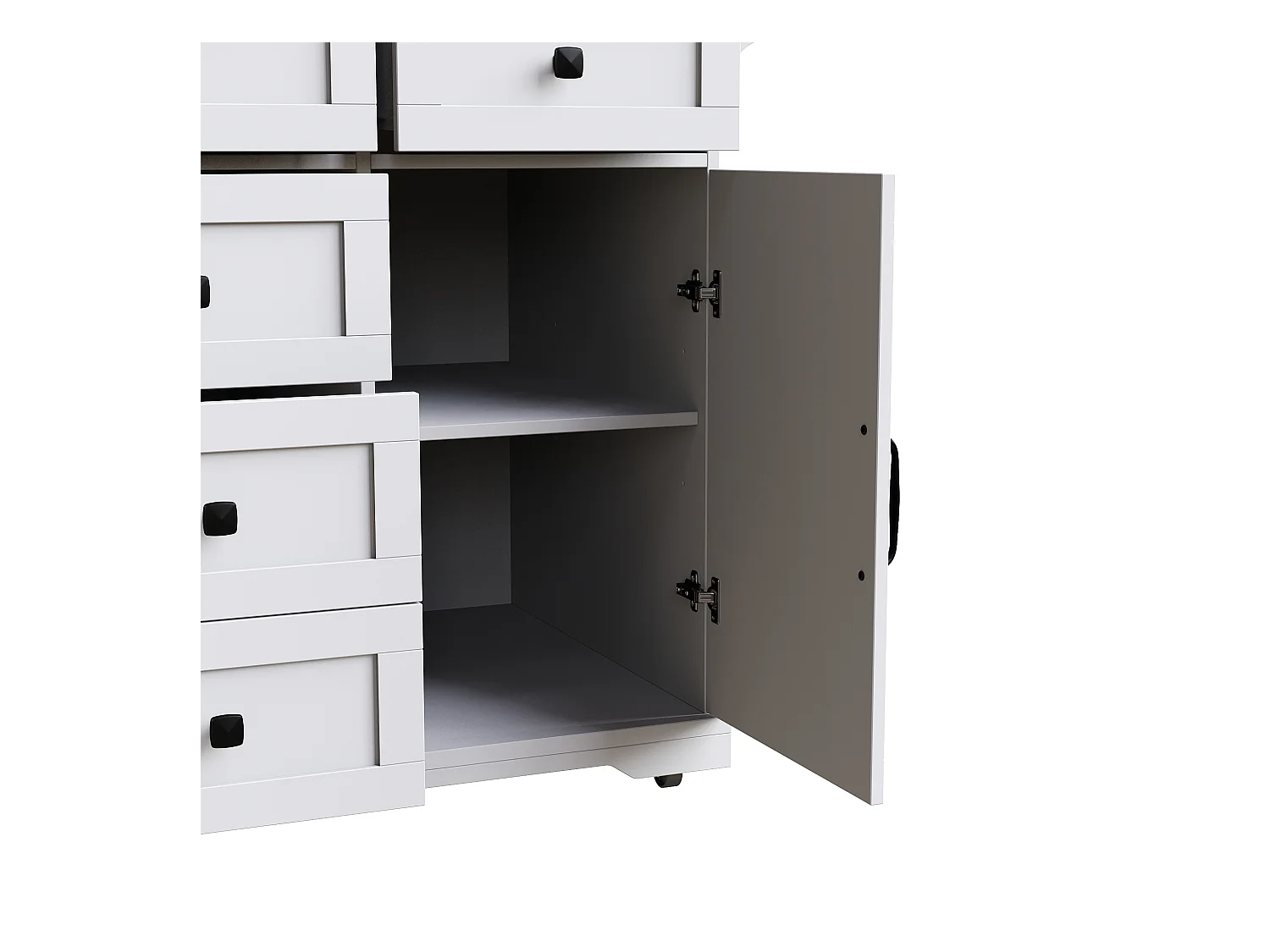 Îlot central extensible - 147 x 44/70 x 93 cm - meuble mobile avec 6 tiroirs + 2 portes - MDF + métal - blanc