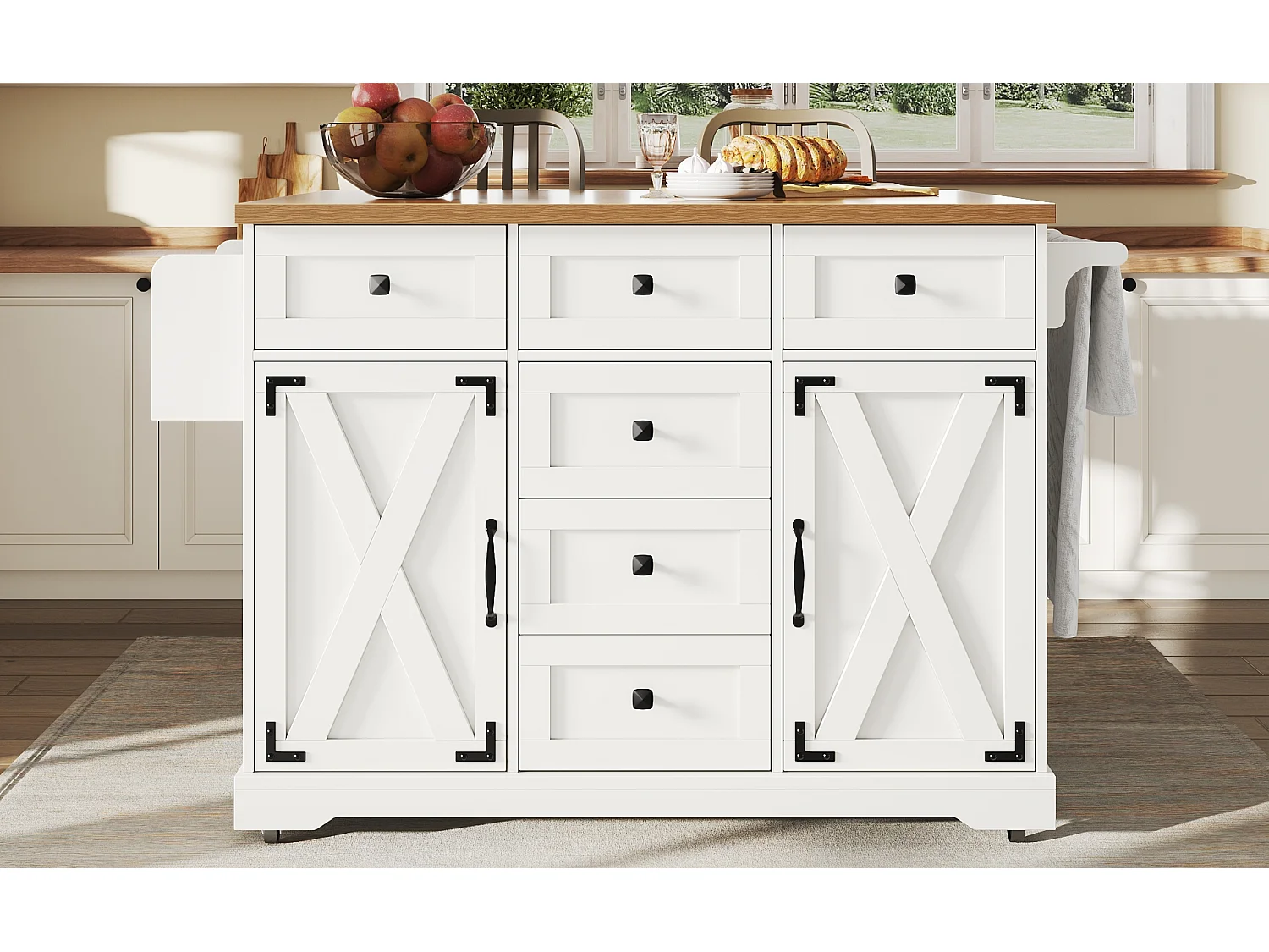 Îlot central extensible - 147 x 44/70 x 93 cm - meuble mobile avec 6 tiroirs + 2 portes - MDF + métal - blanc