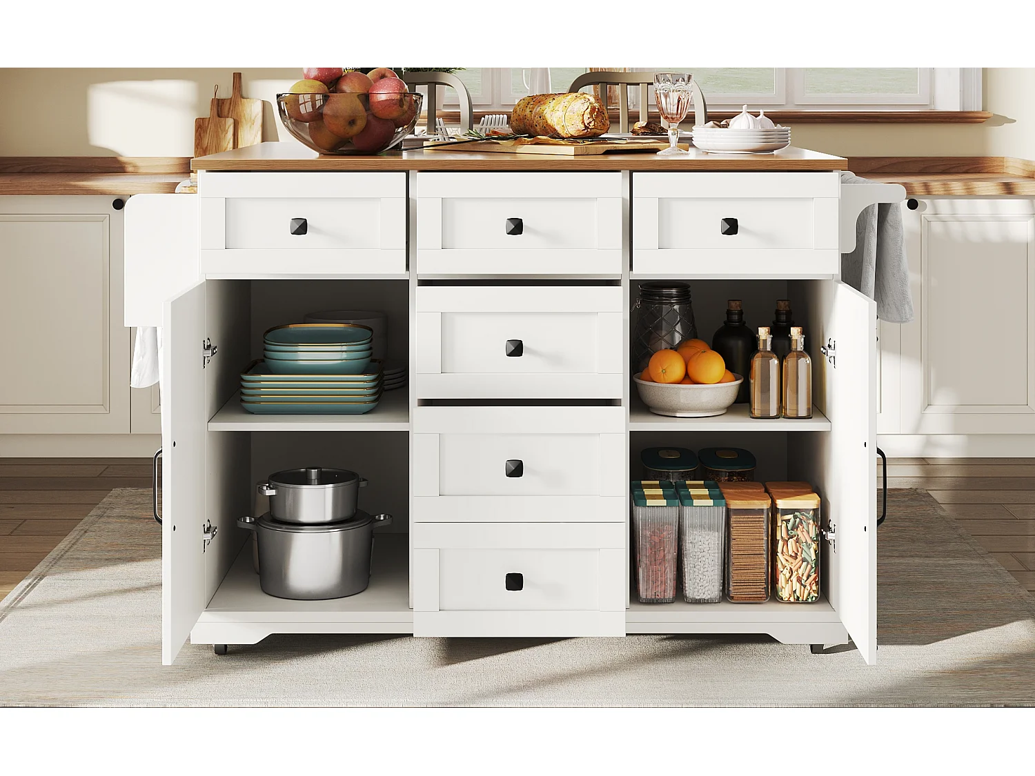 Îlot central extensible - 147 x 44/70 x 93 cm - meuble mobile avec 6 tiroirs + 2 portes - MDF + métal - blanc