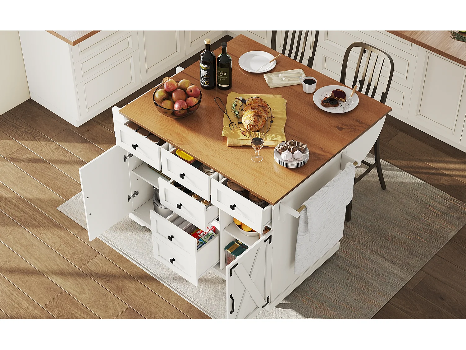 Îlot central extensible - 147 x 44/70 x 93 cm - meuble mobile avec 6 tiroirs + 2 portes - MDF + métal - blanc