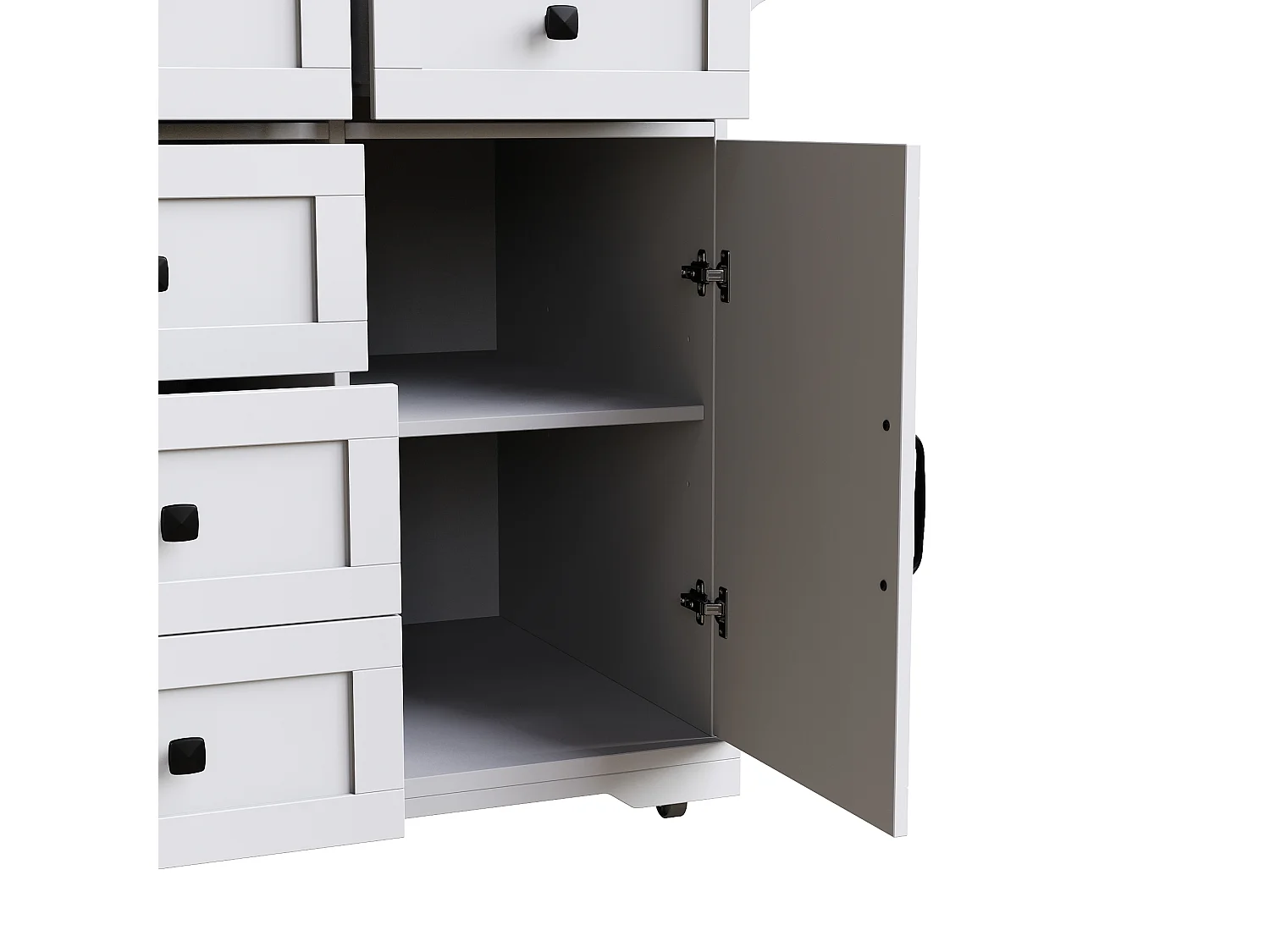 Îlot central extensible - 147 x 44/70 x 93 cm - meuble mobile avec 6 tiroirs + 2 portes - MDF + métal - blanc