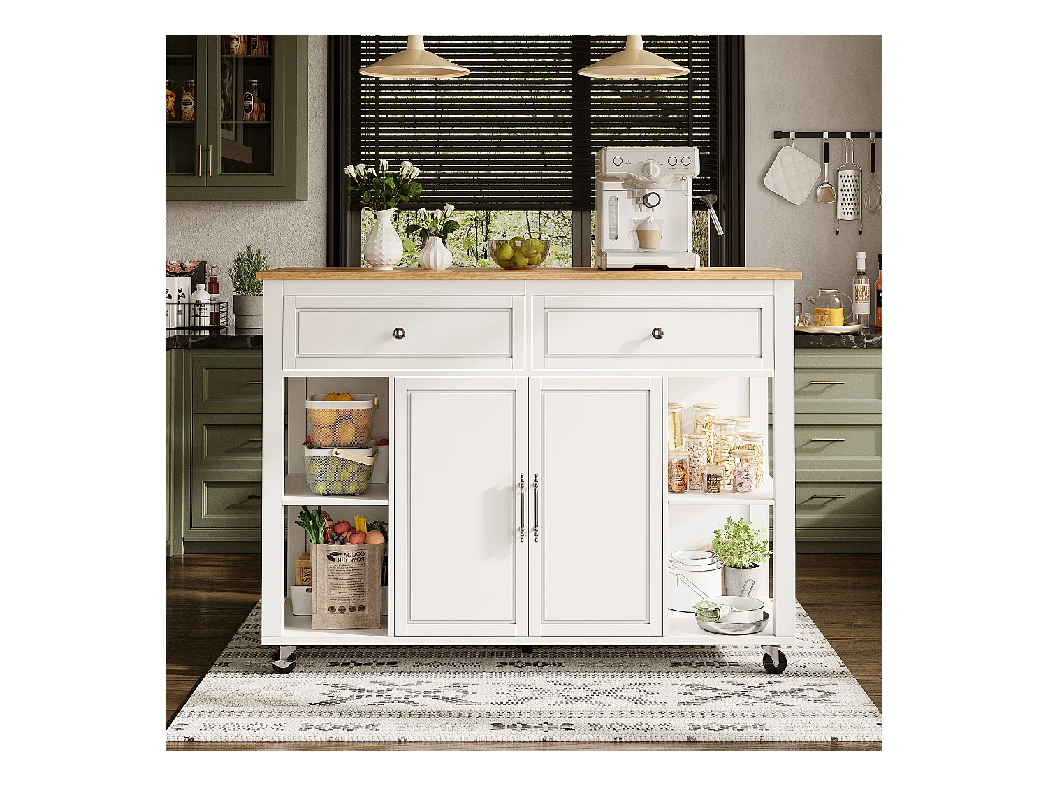 Ilha central extensível com rodízios - 120 x 50/81,5 x 92 cm - com 2 portas + 2 gavetas - MDF + Metal - branco