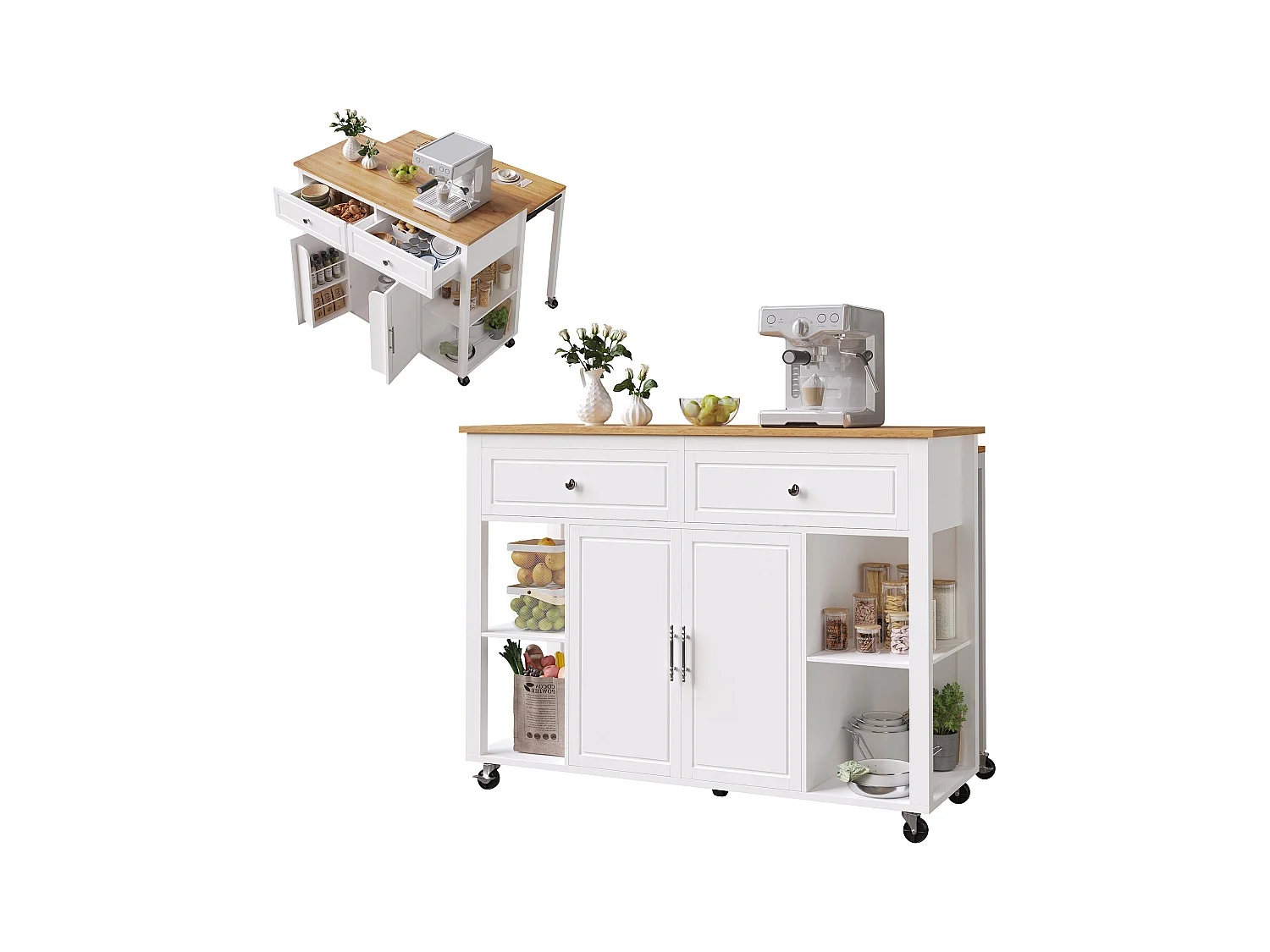 Ilha central extensível com rodízios - 120 x 50/81,5 x 92 cm - com 2 portas + 2 gavetas - MDF + Metal - branco