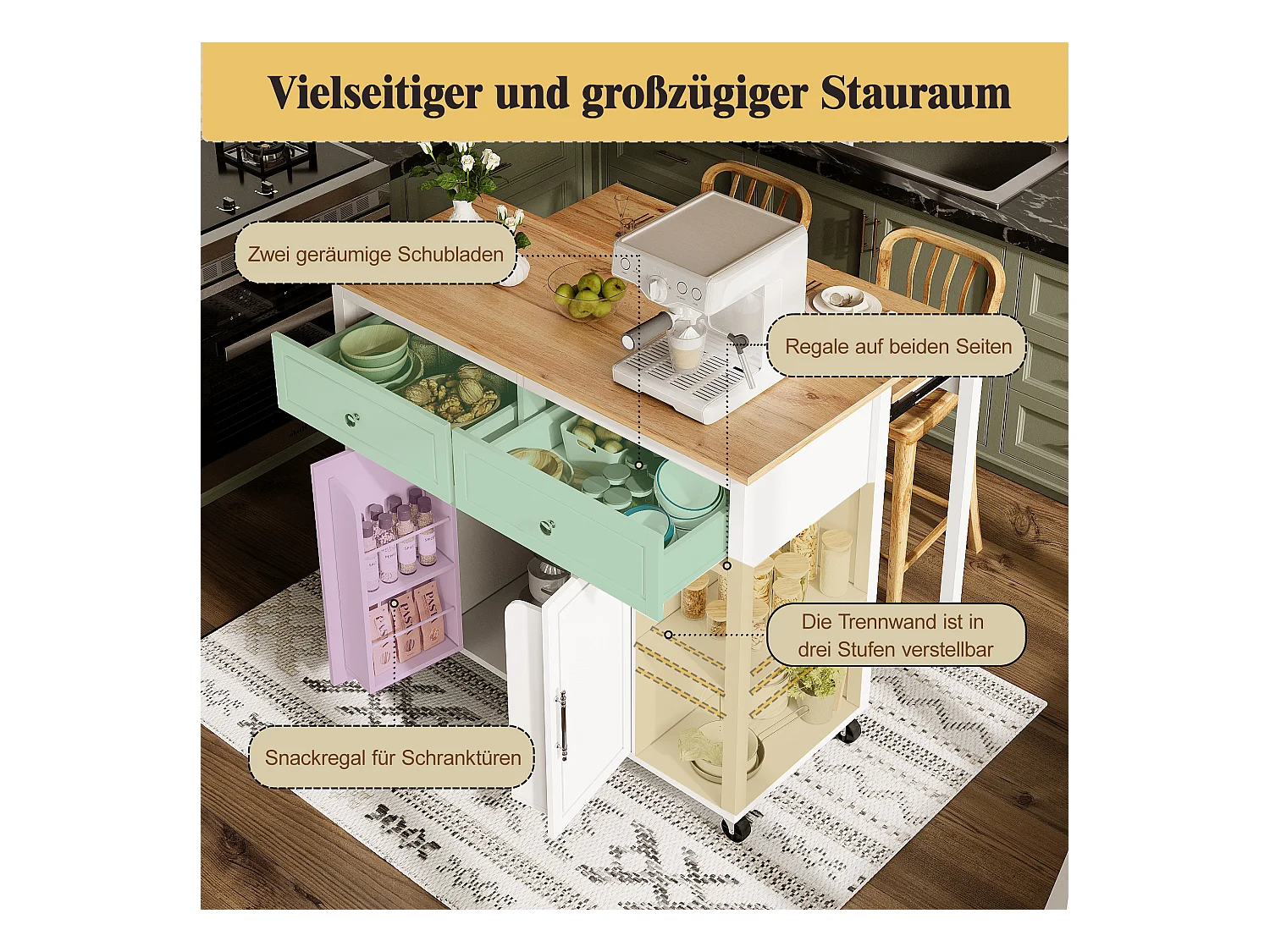 Ilha central extensível com rodízios - 120 x 50/81,5 x 92 cm - com 2 portas + 2 gavetas - MDF + Metal - branco