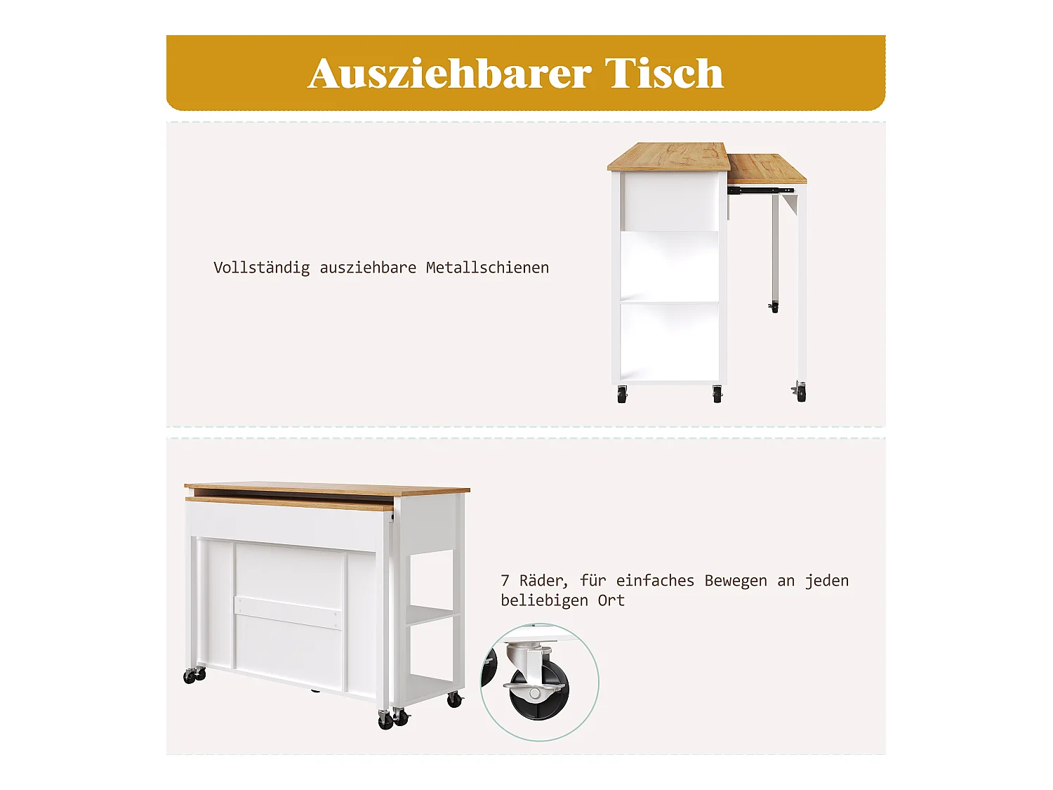 Ilha central extensível com rodízios - 120 x 50/81,5 x 92 cm - com 2 portas + 2 gavetas - MDF + Metal - branco