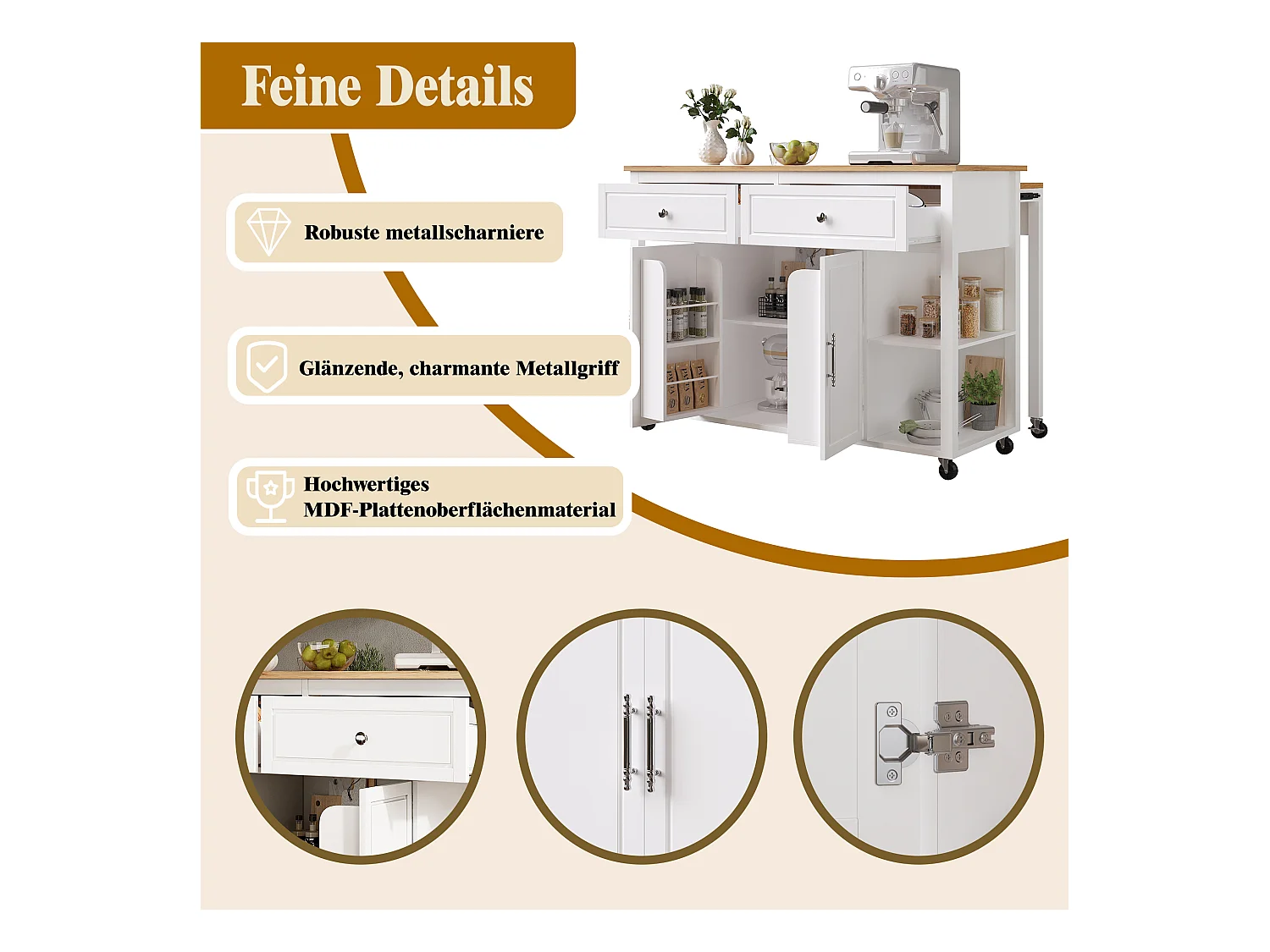 Ilha central extensível com rodízios - 120 x 50/81,5 x 92 cm - com 2 portas + 2 gavetas - MDF + Metal - branco