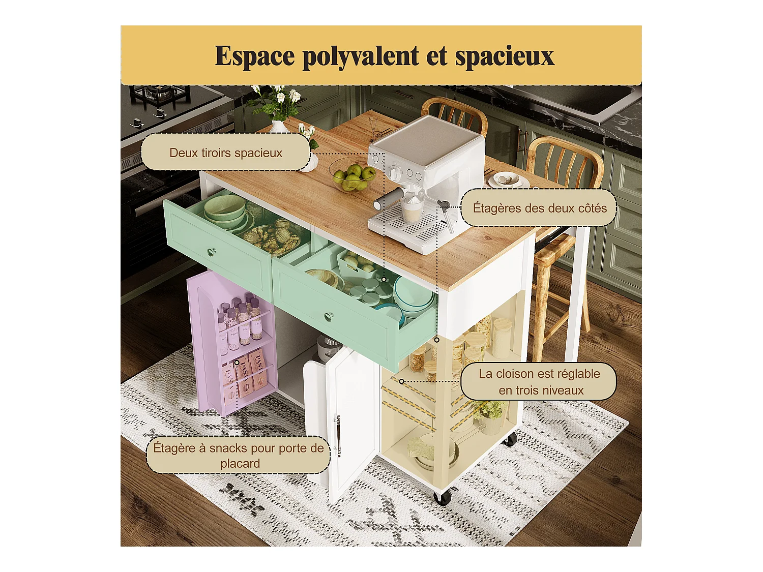 Ilha central extensível com rodízios - 120 x 50/81,5 x 92 cm - com 2 portas + 2 gavetas - MDF + Metal - branco