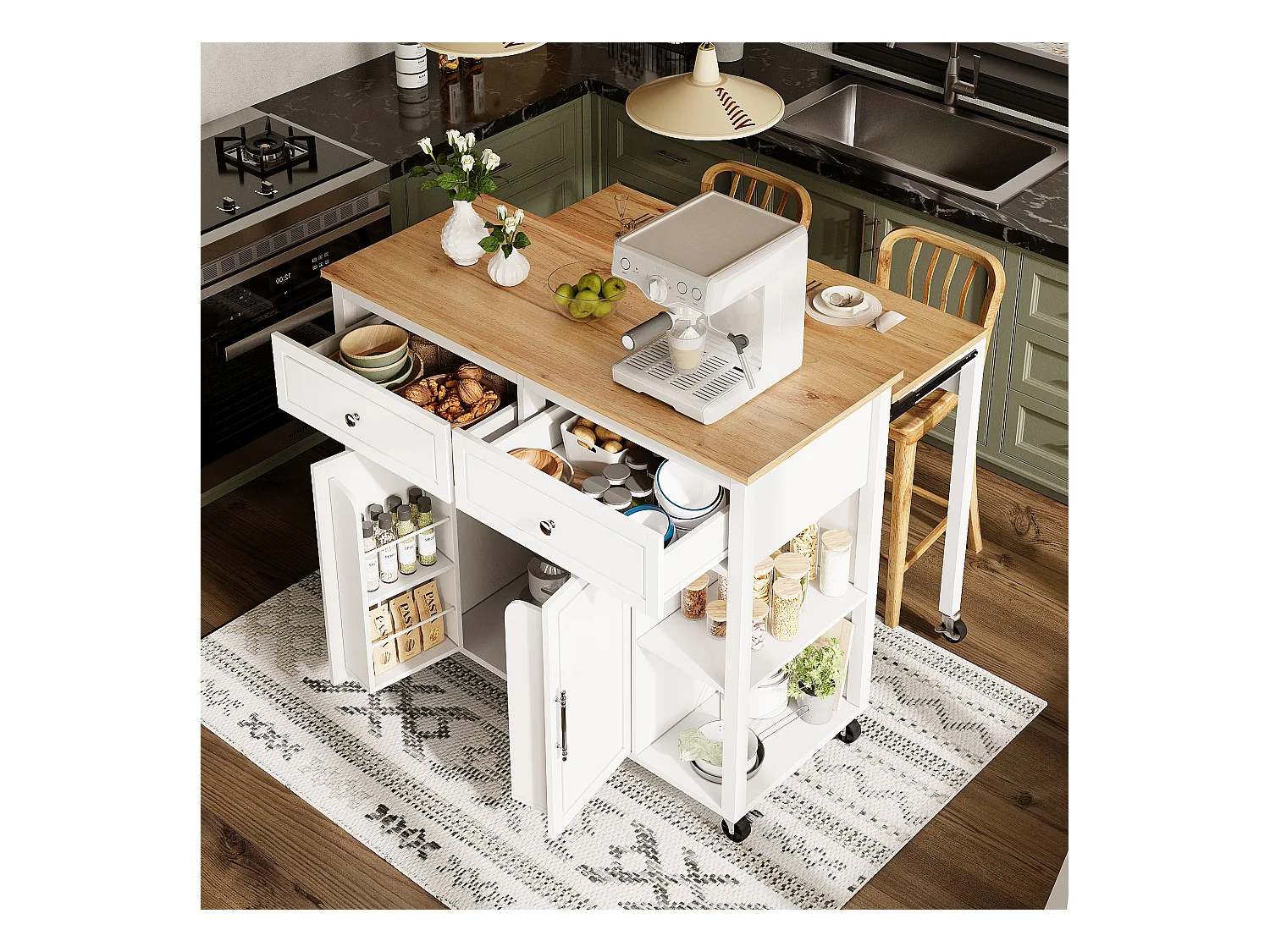 Îlot central extensible avec roulettes - 120 x 50/81.5 x 92 cm - avec 2 portes + 2 tiroirs - MDF + Métal - blanc