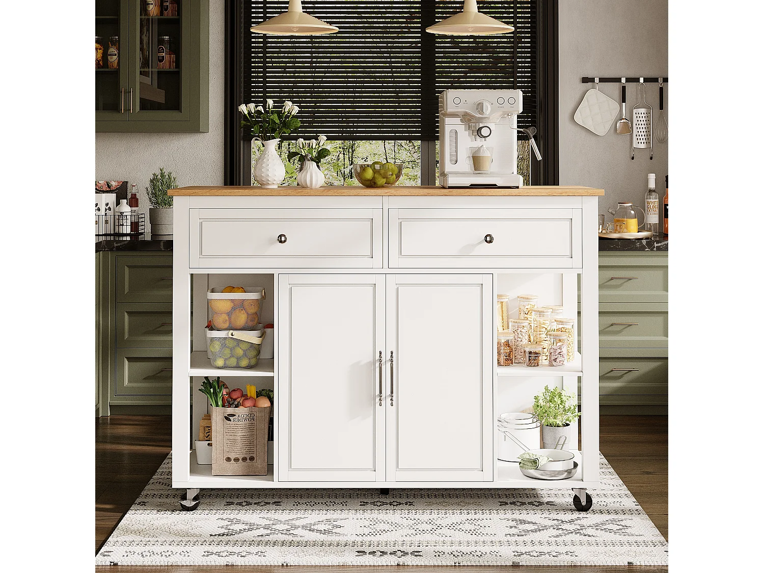 Îlot central extensible avec roulettes - 120 x 50/81.5 x 92 cm - avec 2 portes + 2 tiroirs - MDF + Métal - blanc