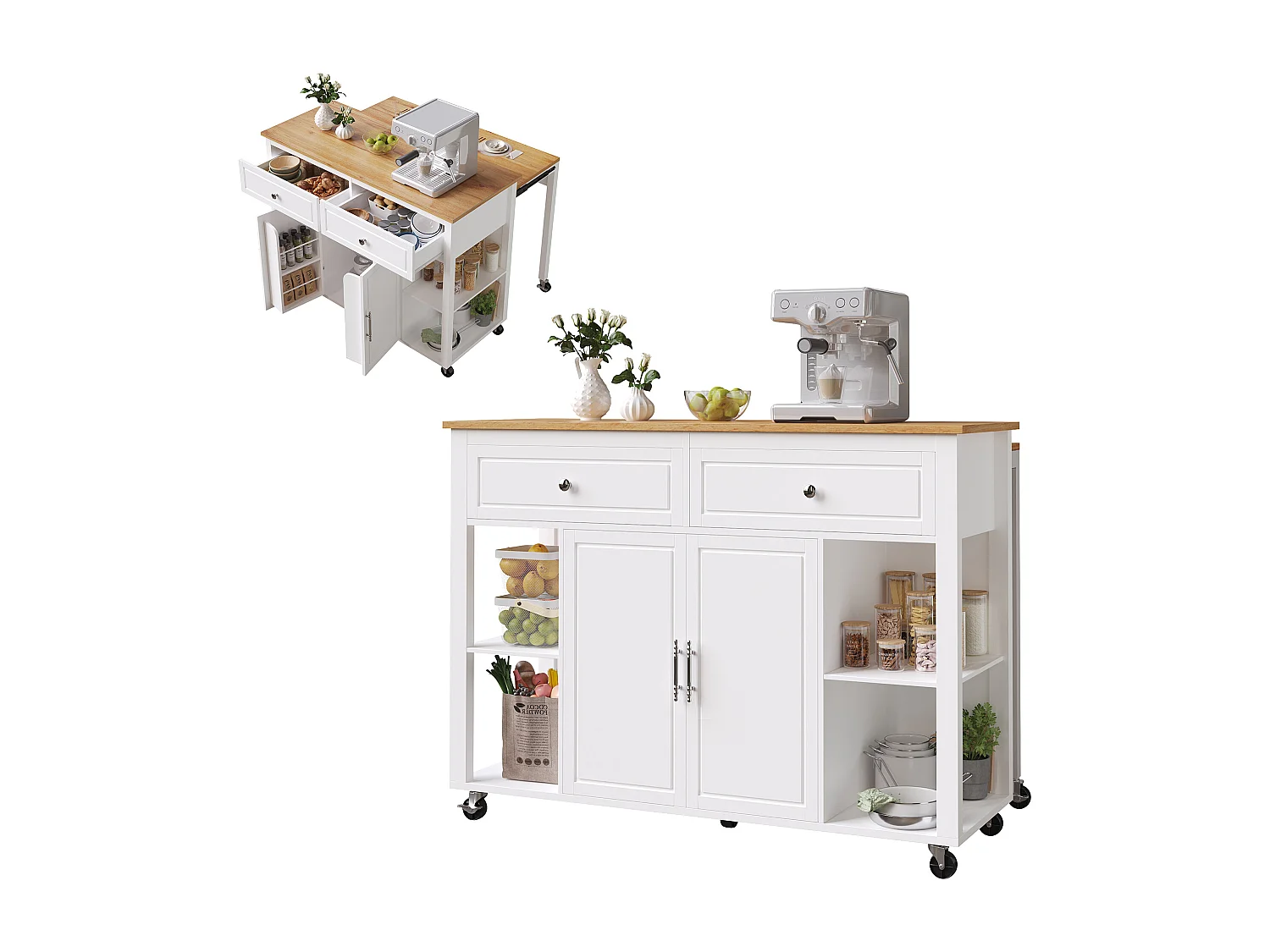 Îlot central extensible avec roulettes - 120 x 50/81.5 x 92 cm - avec 2 portes + 2 tiroirs - MDF + Métal - blanc