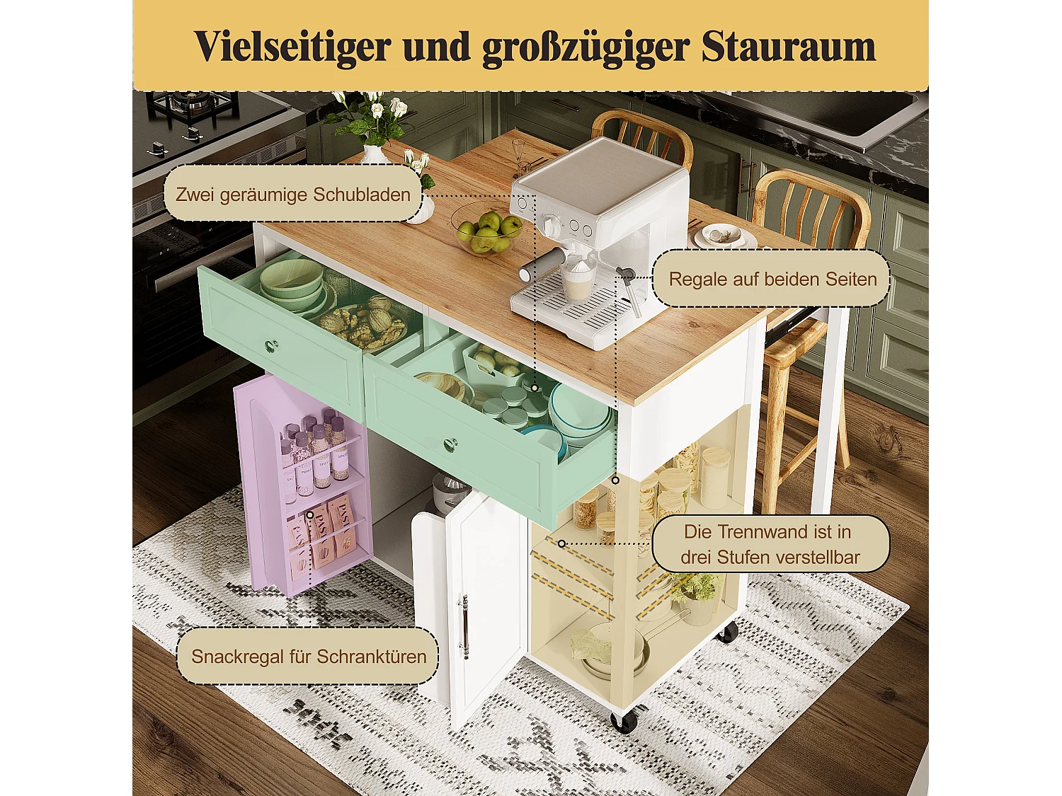 Îlot central extensible avec roulettes - 120 x 50/81.5 x 92 cm - avec 2 portes + 2 tiroirs - MDF + Métal - blanc