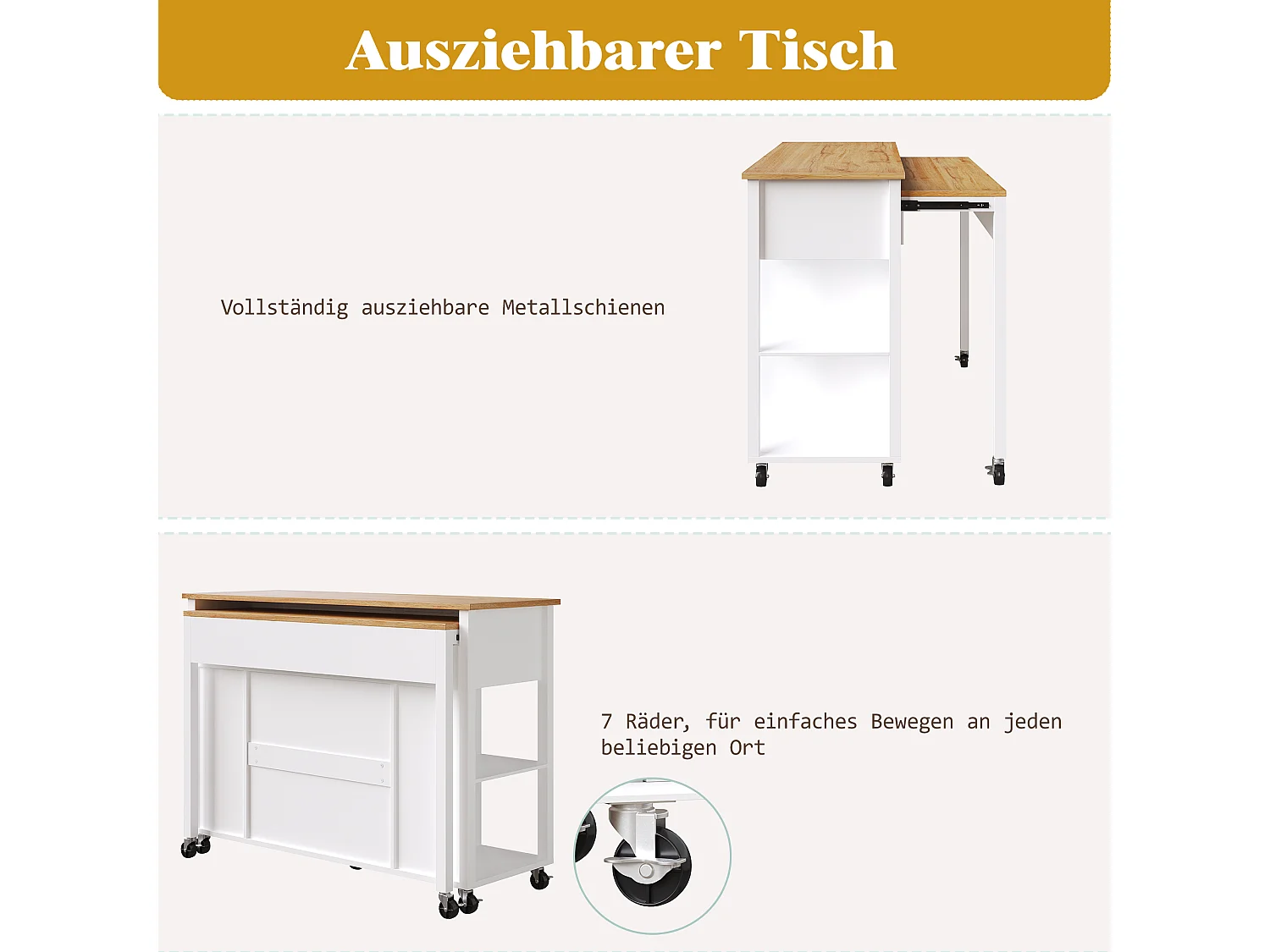 Îlot central extensible avec roulettes - 120 x 50/81.5 x 92 cm - avec 2 portes + 2 tiroirs - MDF + Métal - blanc