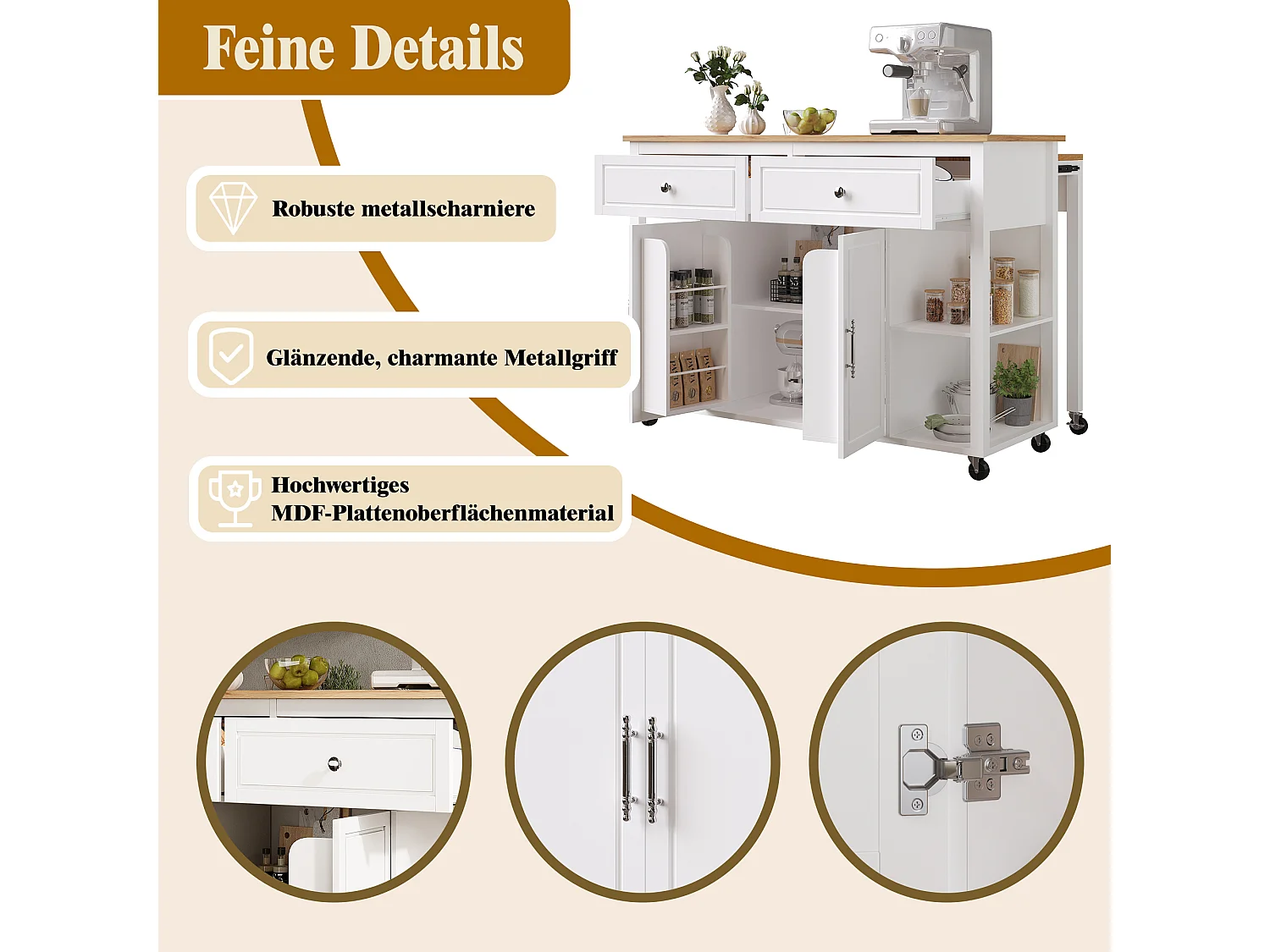 Îlot central extensible avec roulettes - 120 x 50/81.5 x 92 cm - avec 2 portes + 2 tiroirs - MDF + Métal - blanc