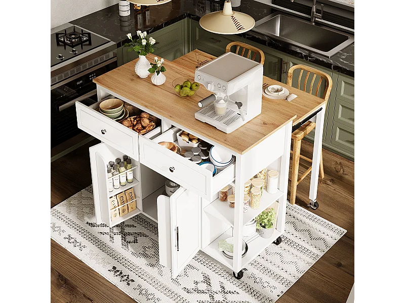 Uitschuifbaar kookeiland met wielen - 120 x 50 / 81,5 x 92 cm - met 2 deuren + 2 laden - MDF + metaal - wit