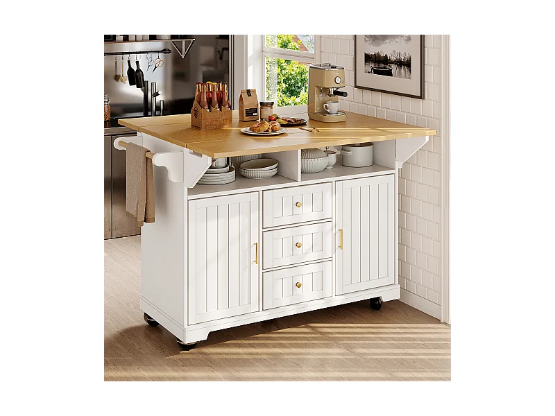 Rozkładana wyspa centralna na kółkach - 120 x 40/60/80 x 95 cm - z 2 drzwiami + 3 szufladami - MDF + Metal - biała