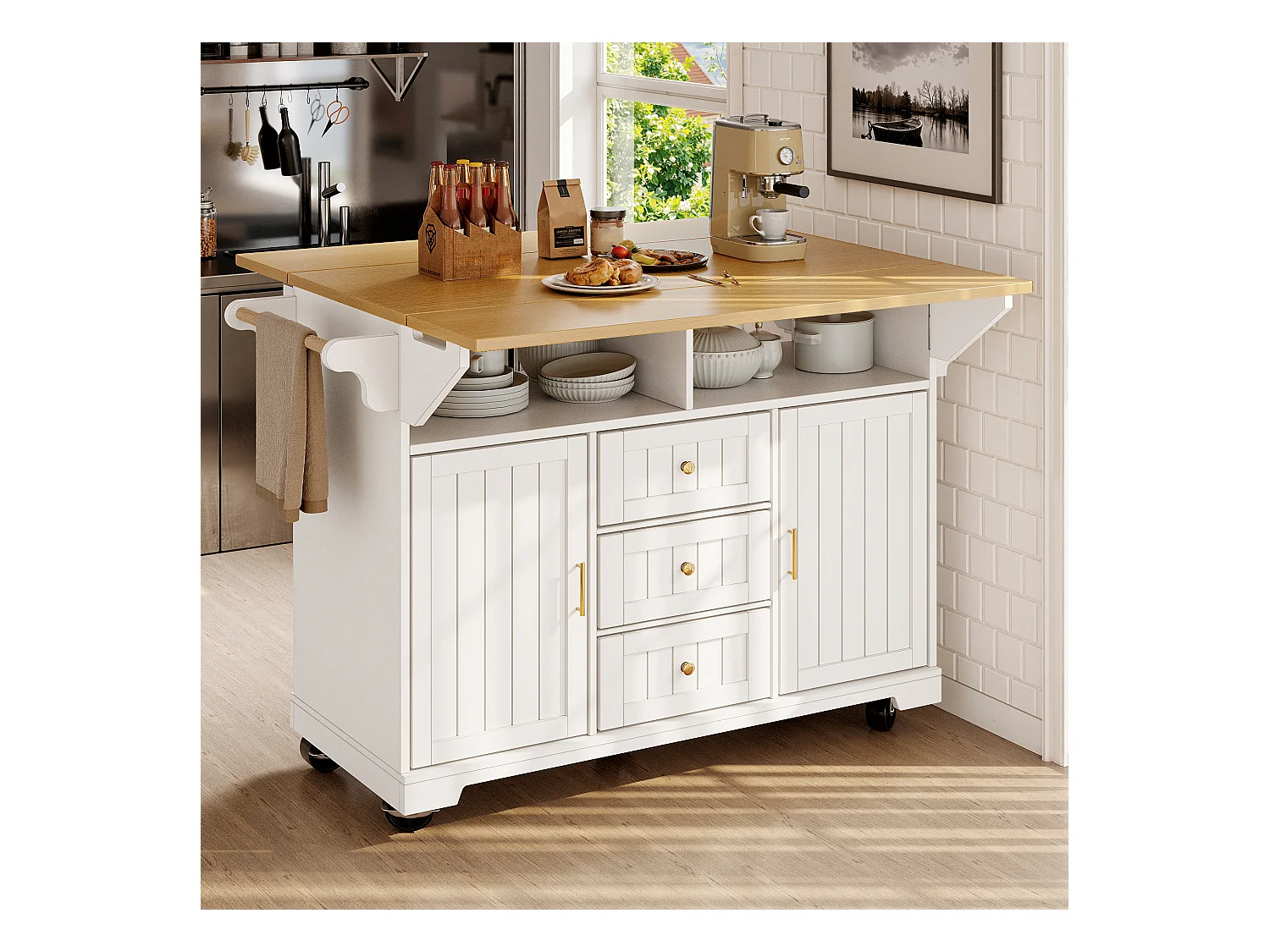 Îlot central extensible avec roulettes - 120 x 40/60/80 x 95 cm - avec 2 portes + 3 tiroirs - MDF + Métal - blanc