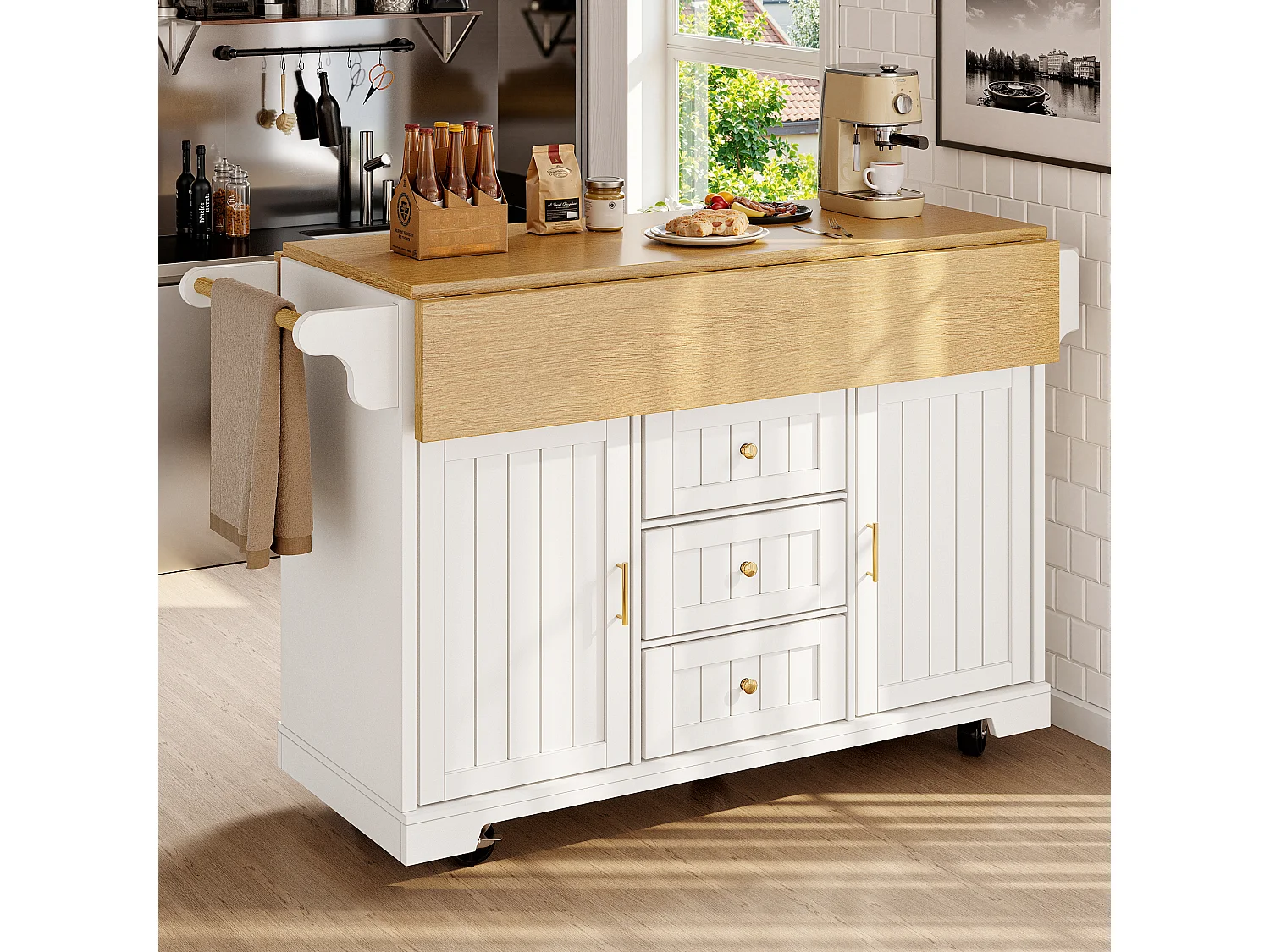 Ausziehbare Mittelinsel mit Rädern – 120 x 40/60/80 x 95 cm – mit 2 Türen + 3 Schubladen – MDF + Metall – weiß