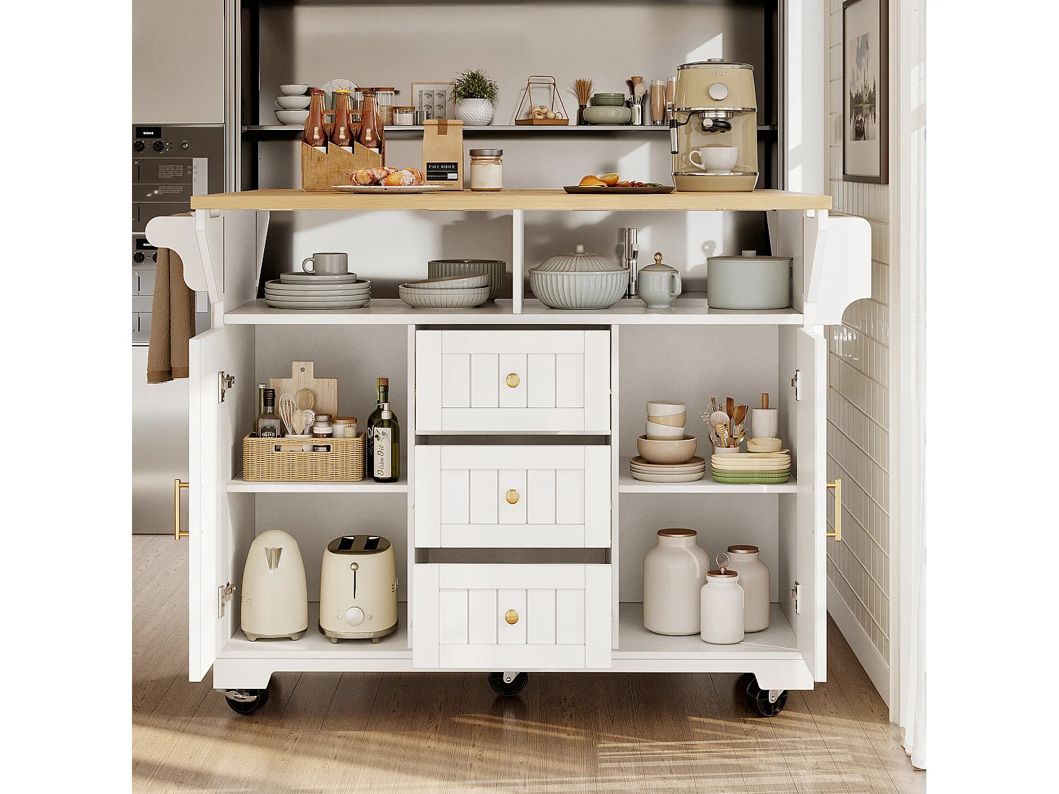 Ausziehbare Mittelinsel mit Rädern – 120 x 40/60/80 x 95 cm – mit 2 Türen + 3 Schubladen – MDF + Metall – weiß