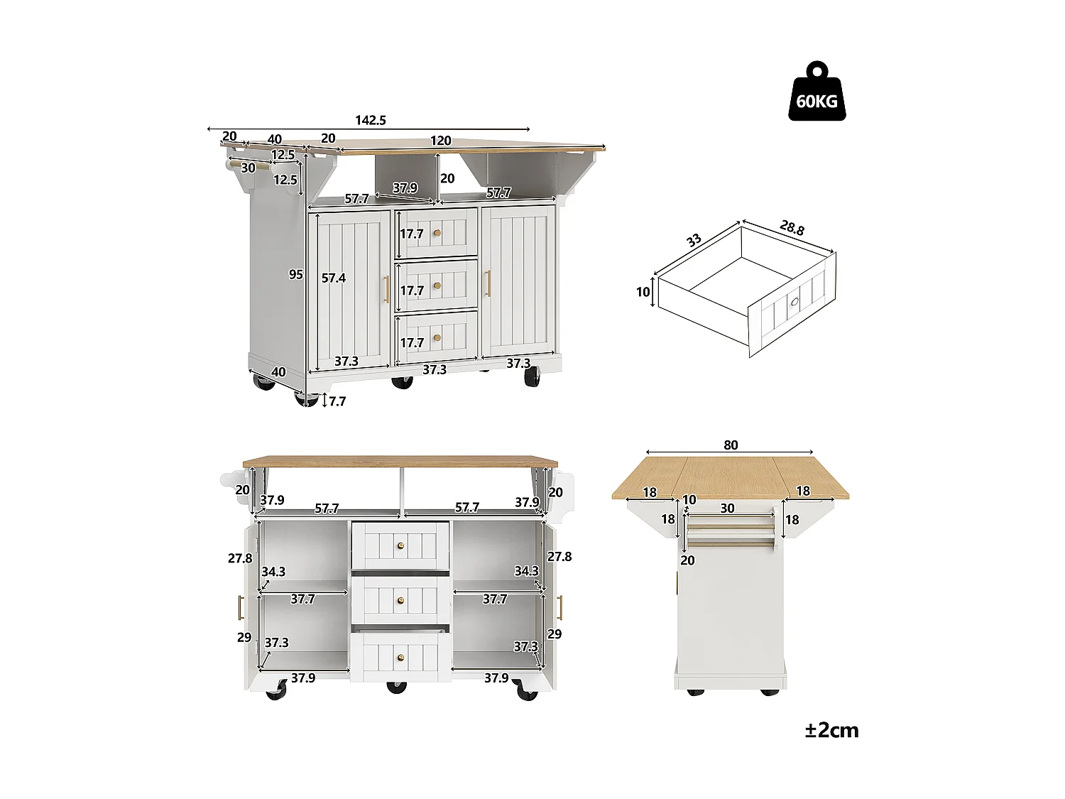 Ausziehbare Mittelinsel mit Rädern – 120 x 40/60/80 x 95 cm – mit 2 Türen + 3 Schubladen – MDF + Metall – weiß
