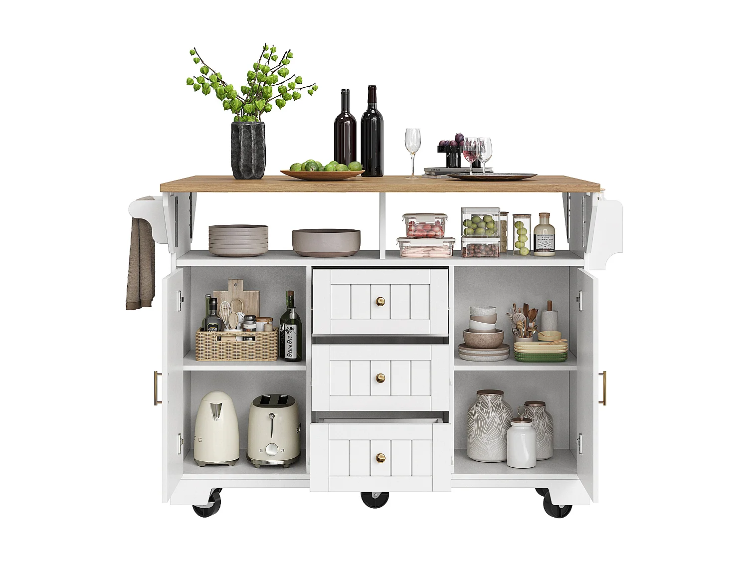 Ausziehbare Mittelinsel mit Rädern – 120 x 40/60/80 x 95 cm – mit 2 Türen + 3 Schubladen – MDF + Metall – weiß