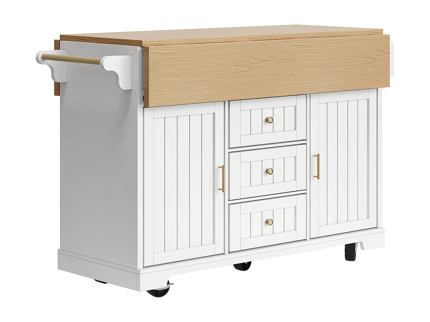 Ausziehbare Mittelinsel mit Rädern – 120 x 40/60/80 x 95 cm – mit 2 Türen + 3 Schubladen – MDF + Metall – weiß