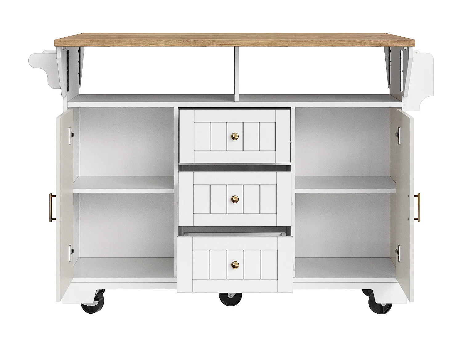 Ausziehbare Mittelinsel mit Rädern – 120 x 40/60/80 x 95 cm – mit 2 Türen + 3 Schubladen – MDF + Metall – weiß