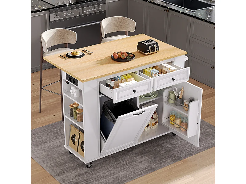 Rozkładana wyspa centralna z kółkami - 120 x 40/70 x 92 cm - z 2 drzwiami + 2 szufladami - MDF - biały + naturalny