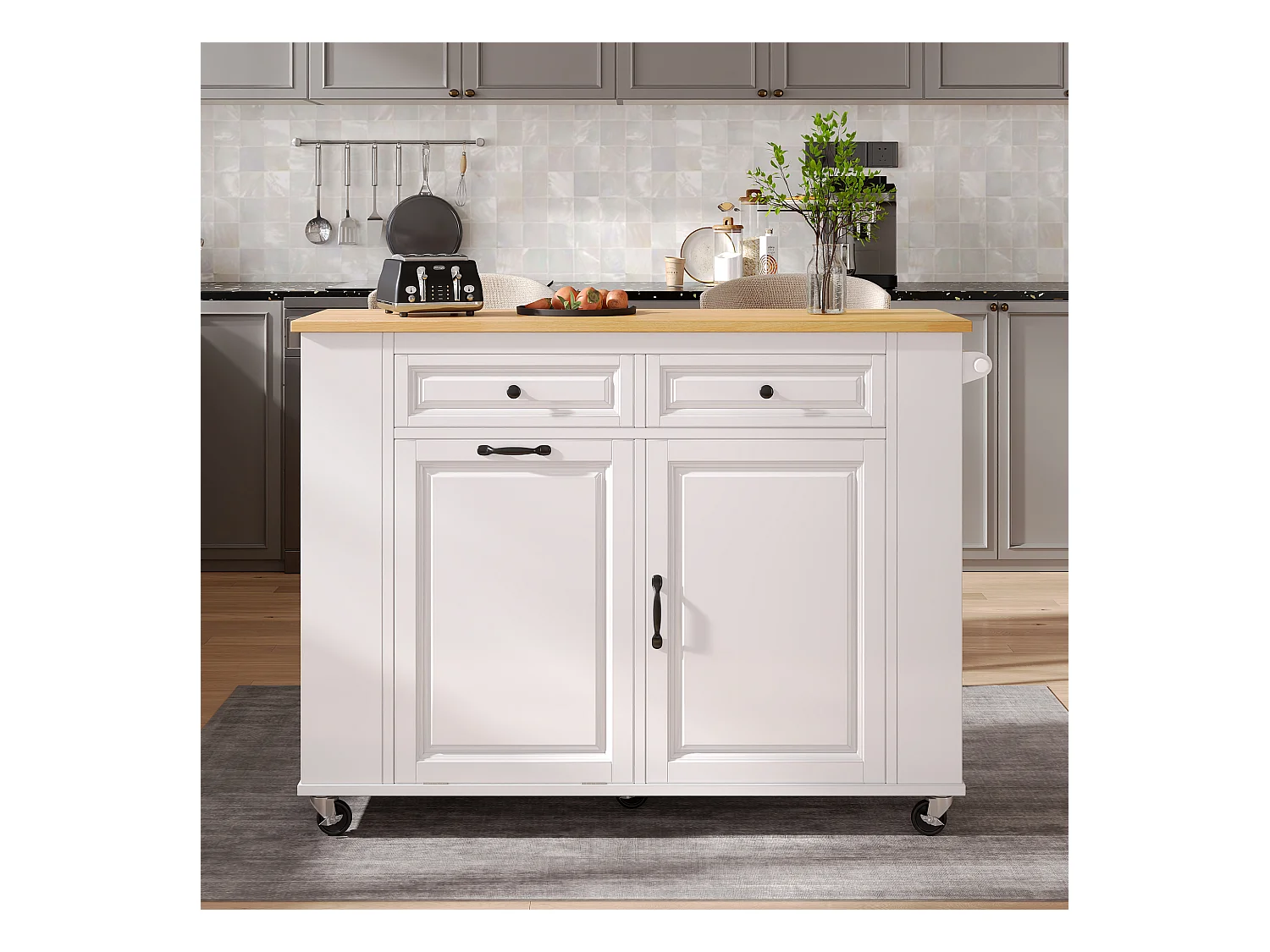 Îlot central extensible avec roulettes - 120 x 40/70 x 92 cm - avec 2 portes + 2 tiroirs - MDF - blanc + naturel