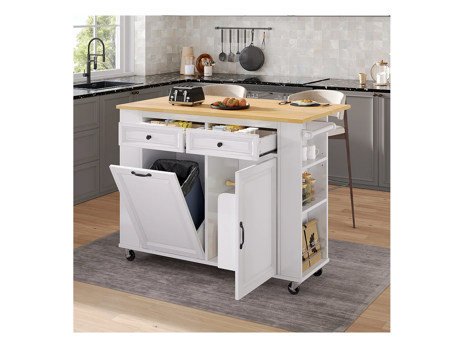 Îlot central extensible avec roulettes - 120 x 40/70 x 92 cm - avec 2 portes + 2 tiroirs - MDF - blanc + naturel