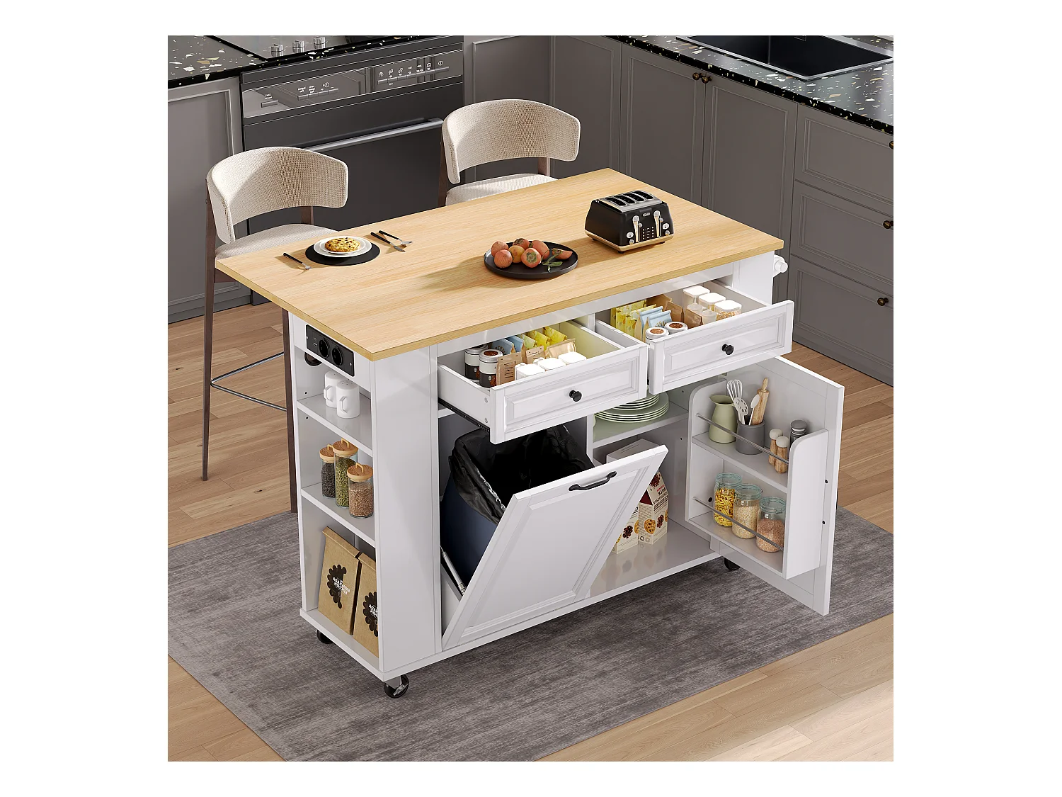 Îlot central extensible avec roulettes - 120 x 40/70 x 92 cm - avec 2 portes + 2 tiroirs - MDF - blanc + naturel