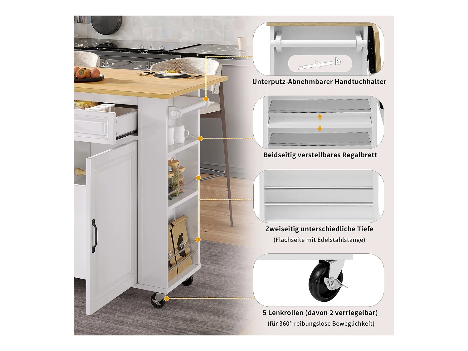 Ausziehbare Mittelinsel mit Rollen - 120 x 40/70 x 92 cm - mit 2 Türen + 2 Schubladen - MDF - Weiß + Natur