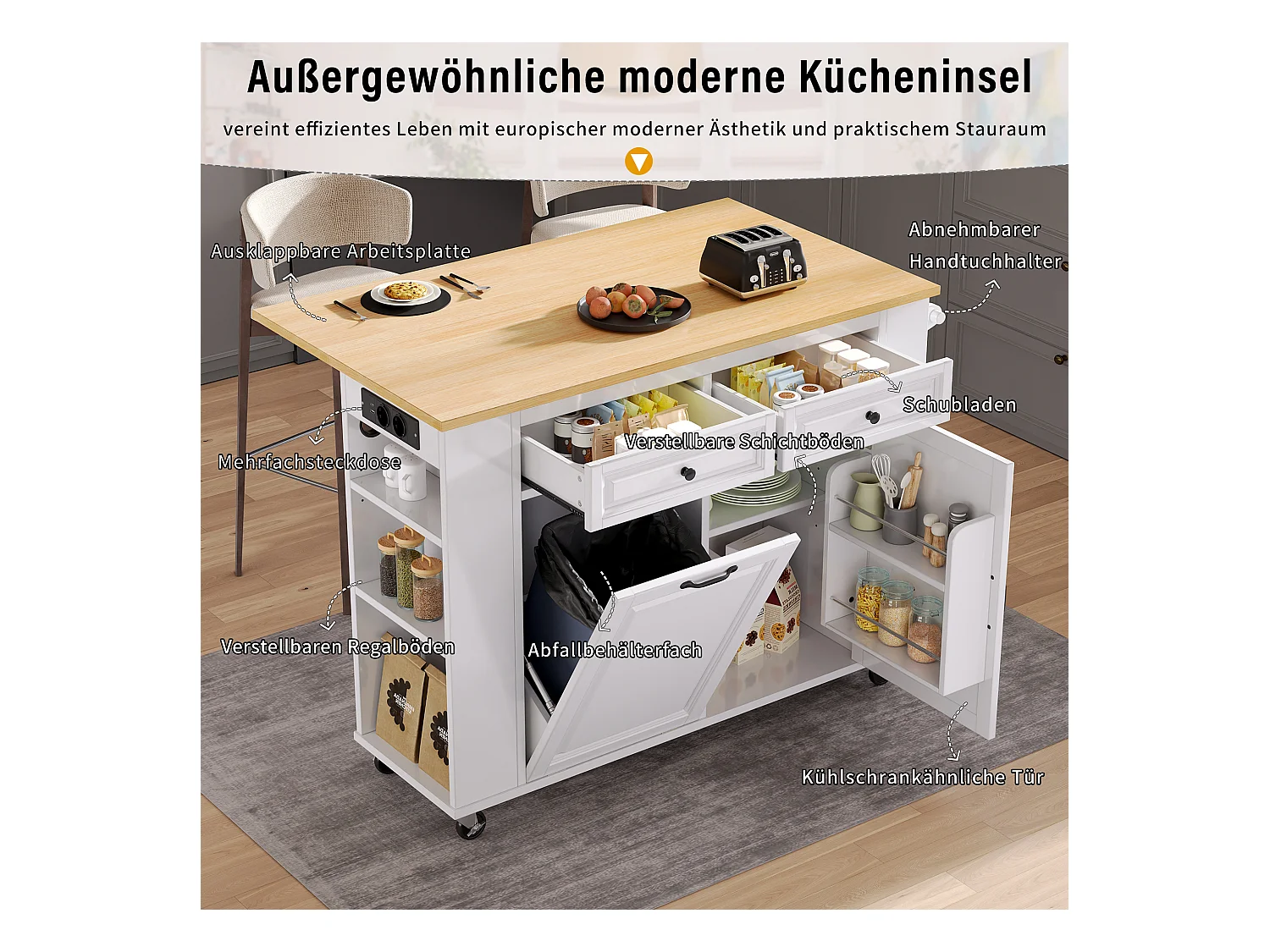 Ausziehbare Mittelinsel mit Rollen - 120 x 40/70 x 92 cm - mit 2 Türen + 2 Schubladen - MDF - Weiß + Natur