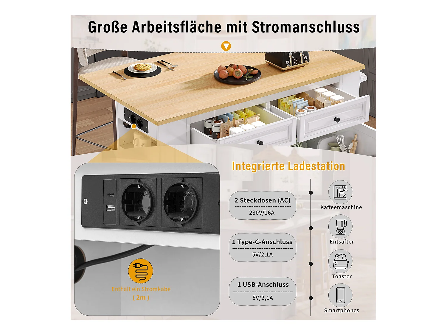 Ausziehbare Mittelinsel mit Rollen - 120 x 40/70 x 92 cm - mit 2 Türen + 2 Schubladen - MDF - Weiß + Natur