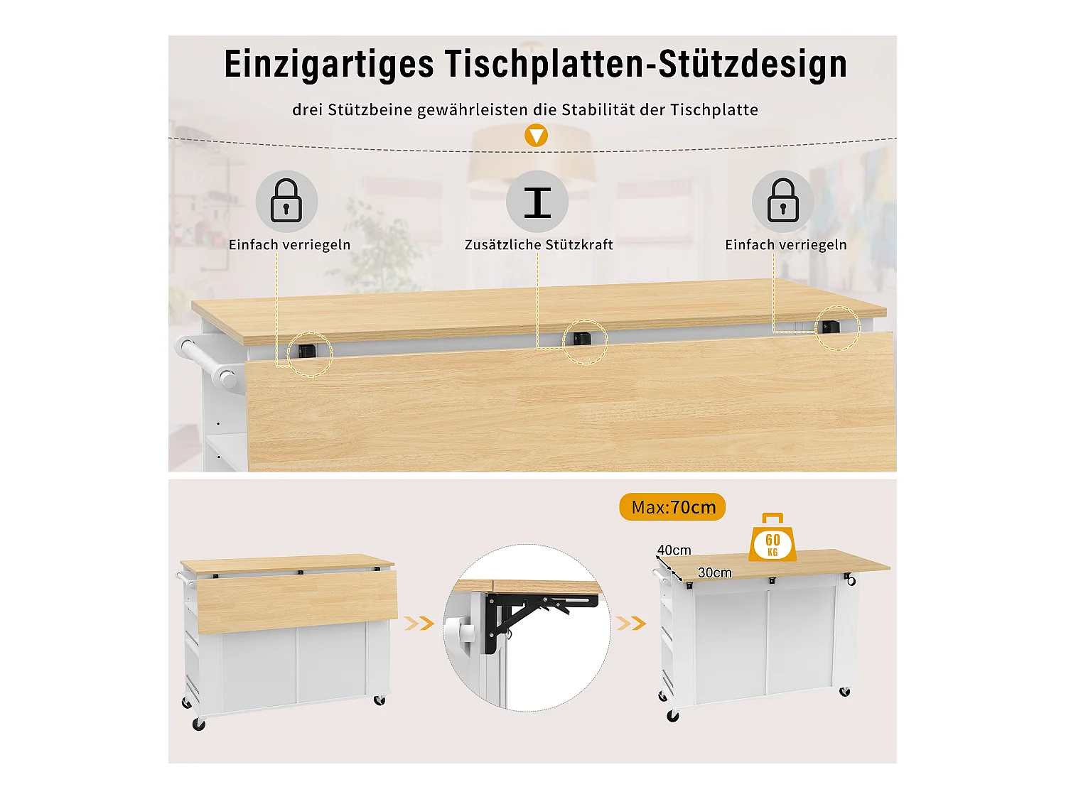 Ausziehbare Mittelinsel mit Rollen - 120 x 40/70 x 92 cm - mit 2 Türen + 2 Schubladen - MDF - Weiß + Natur