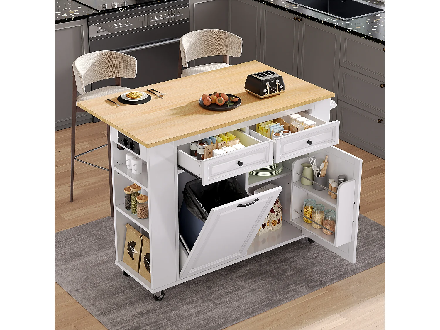 Îlot central extensible avec roulettes - 120 x 40/70 x 92 cm - avec 2 portes + 2 tiroirs - MDF - blanc + naturel