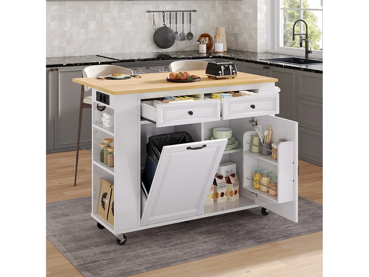 Îlot central extensible avec roulettes - 120 x 40/70 x 92 cm - avec 2 portes + 2 tiroirs - MDF - blanc + naturel