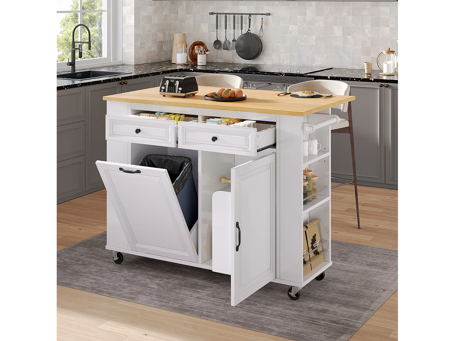 Îlot central extensible avec roulettes - 120 x 40/70 x 92 cm - avec 2 portes + 2 tiroirs - MDF - blanc + naturel