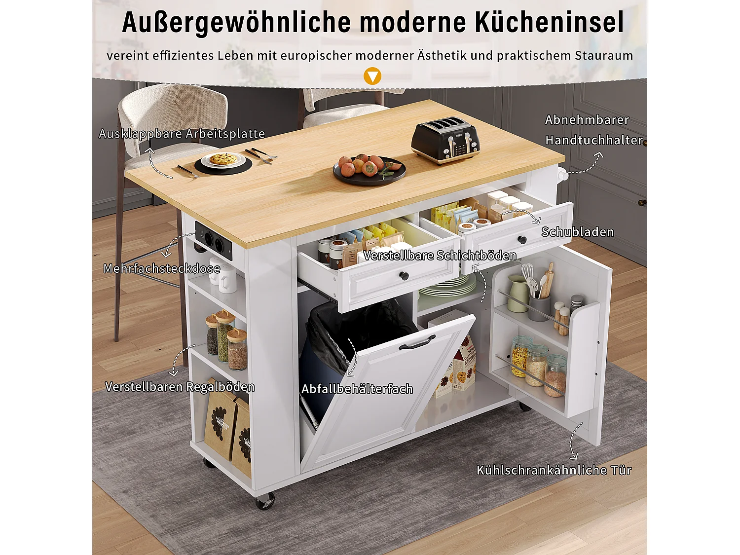 Îlot central extensible avec roulettes - 120 x 40/70 x 92 cm - avec 2 portes + 2 tiroirs - MDF - blanc + naturel