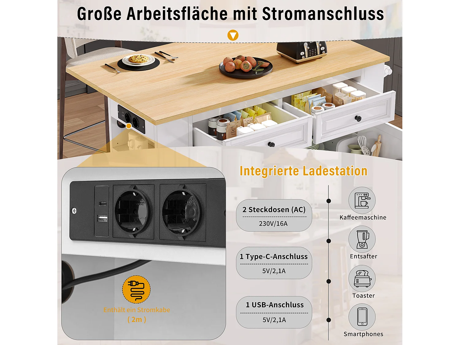 Îlot central extensible avec roulettes - 120 x 40/70 x 92 cm - avec 2 portes + 2 tiroirs - MDF - blanc + naturel