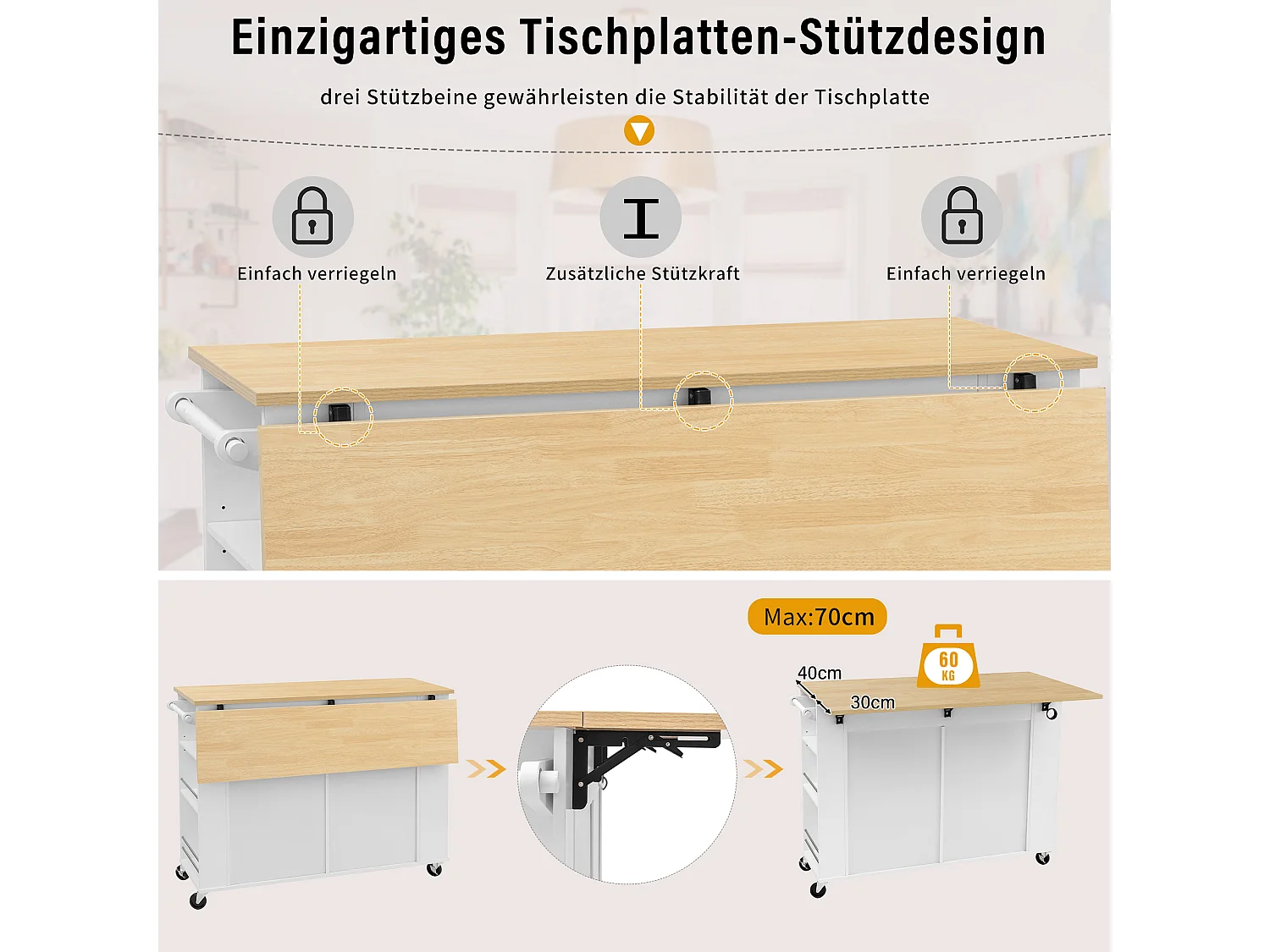 Îlot central extensible avec roulettes - 120 x 40/70 x 92 cm - avec 2 portes + 2 tiroirs - MDF - blanc + naturel