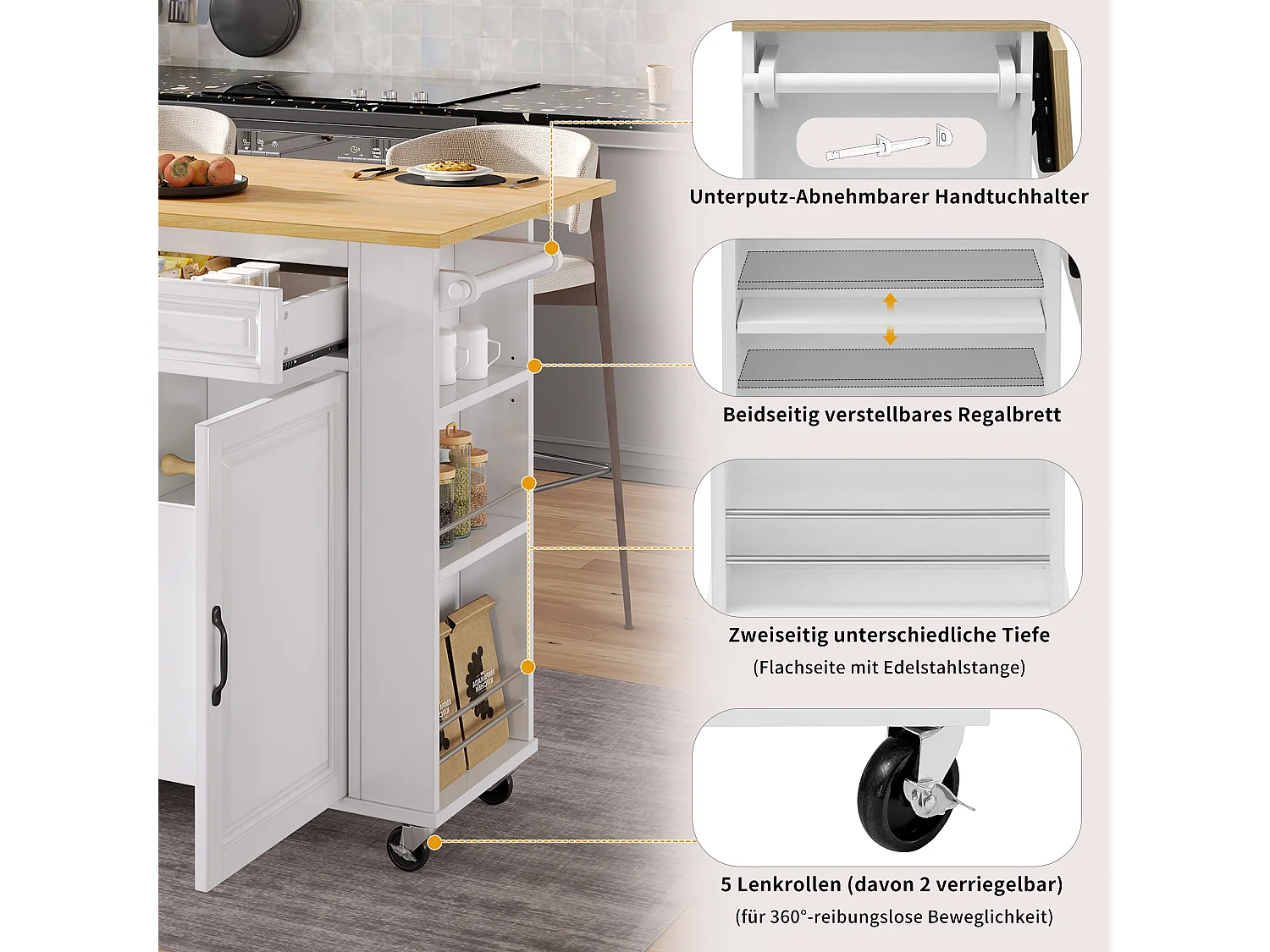 Îlot central extensible avec roulettes - 120 x 40/70 x 92 cm - avec 2 portes + 2 tiroirs - MDF - blanc + naturel