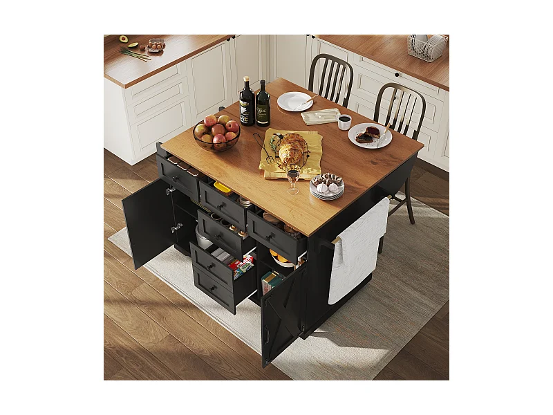 Îlot central extensible - 147 x 44/70 x 93 cm - meuble mobile avec 6 tiroirs + 2 portes - MDF + métal - noir