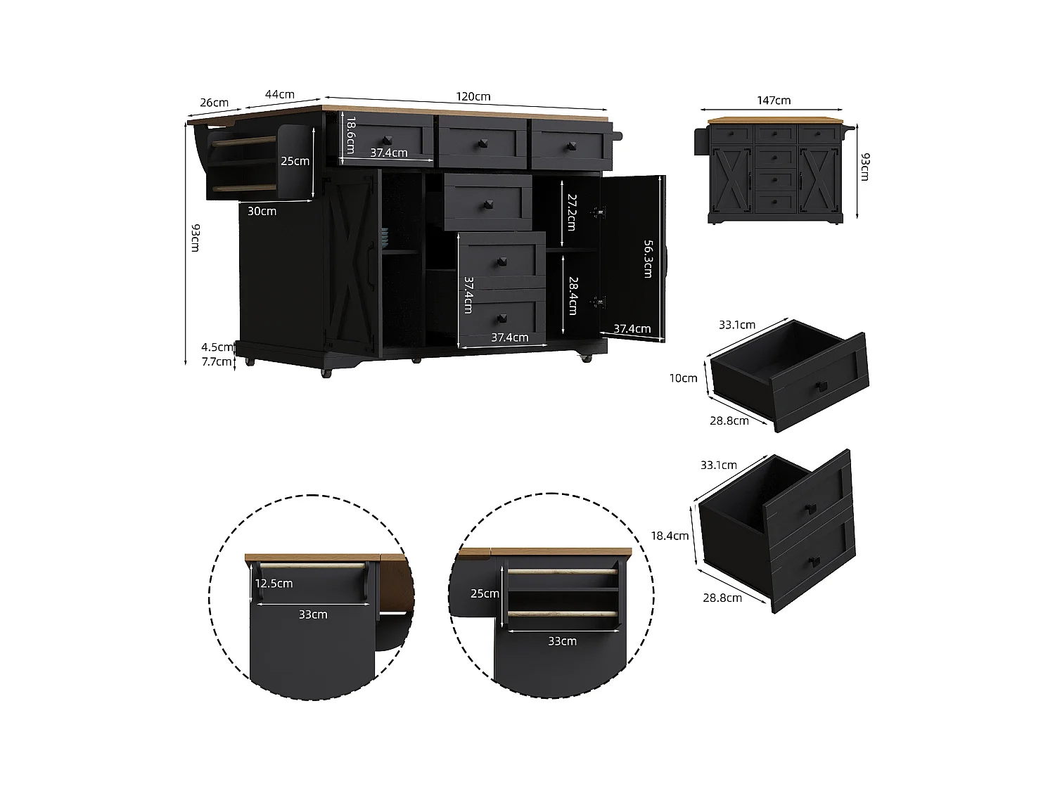 Îlot central extensible - 147 x 44/70 x 93 cm - meuble mobile avec 6 tiroirs + 2 portes - MDF + métal - noir