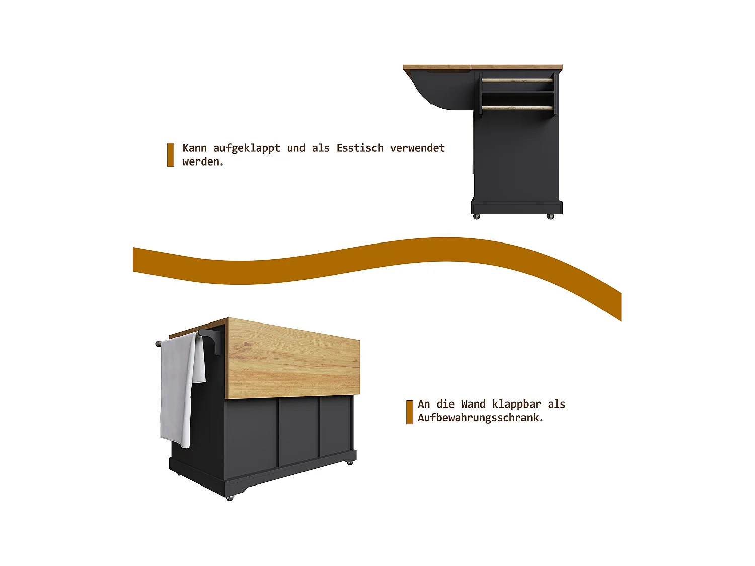 Îlot central extensible - 147 x 44/70 x 93 cm - meuble mobile avec 6 tiroirs + 2 portes - MDF + métal - noir