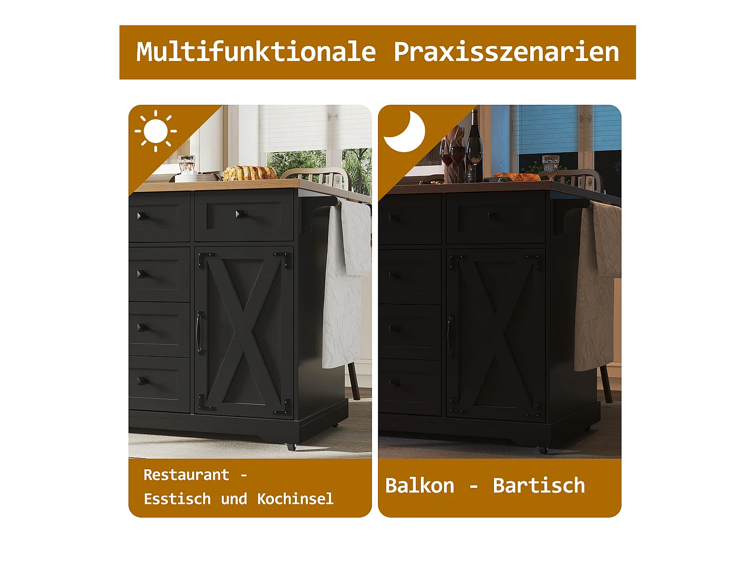 Îlot central extensible - 147 x 44/70 x 93 cm - meuble mobile avec 6 tiroirs + 2 portes - MDF + métal - noir