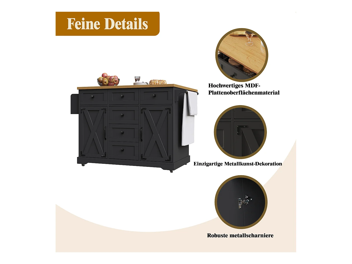 Îlot central extensible - 147 x 44/70 x 93 cm - meuble mobile avec 6 tiroirs + 2 portes - MDF + métal - noir