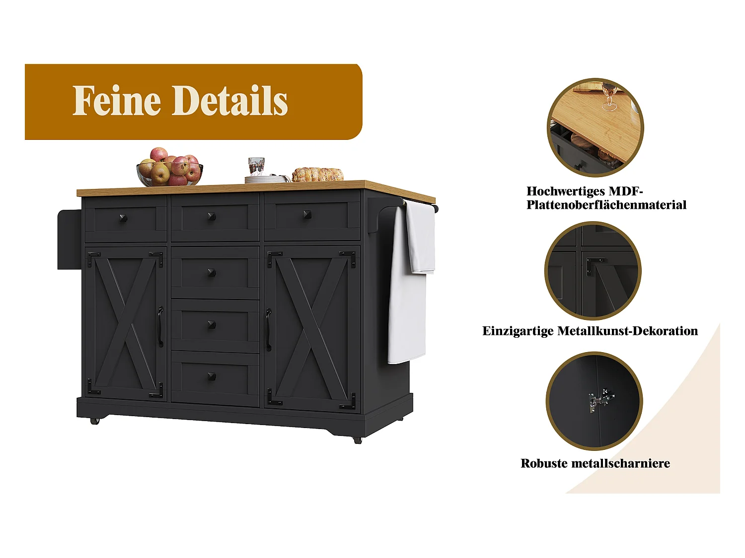 Îlot central extensible - 147 x 44/70 x 93 cm - meuble mobile avec 6 tiroirs + 2 portes - MDF + métal - noir