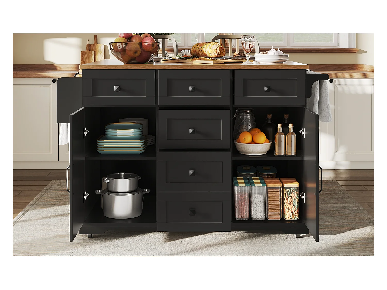 Îlot central extensible - 147 x 44/70 x 93 cm - meuble mobile avec 6 tiroirs + 2 portes - MDF + métal - noir