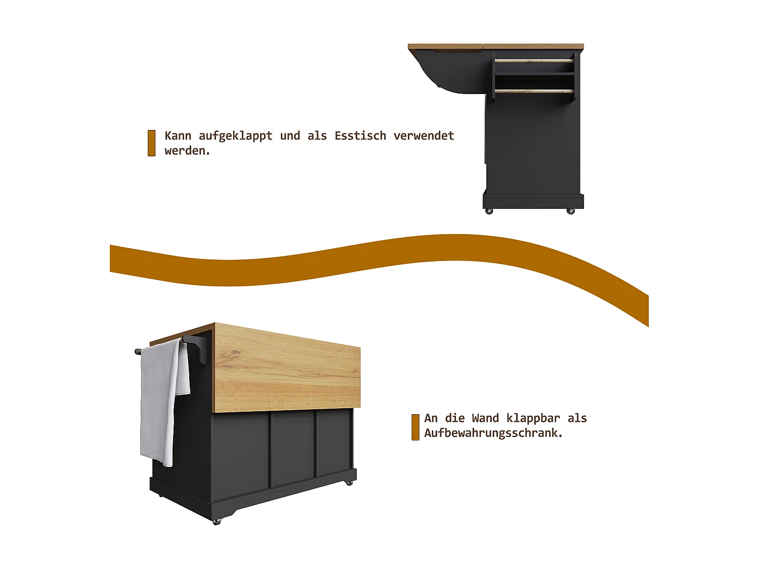 Ausziehbare Mittelinsel – 147 x 44/70 x 93 cm – mobile Einheit mit 6 Schubladen + 2 Türen – MDF + Metall – Schwarz