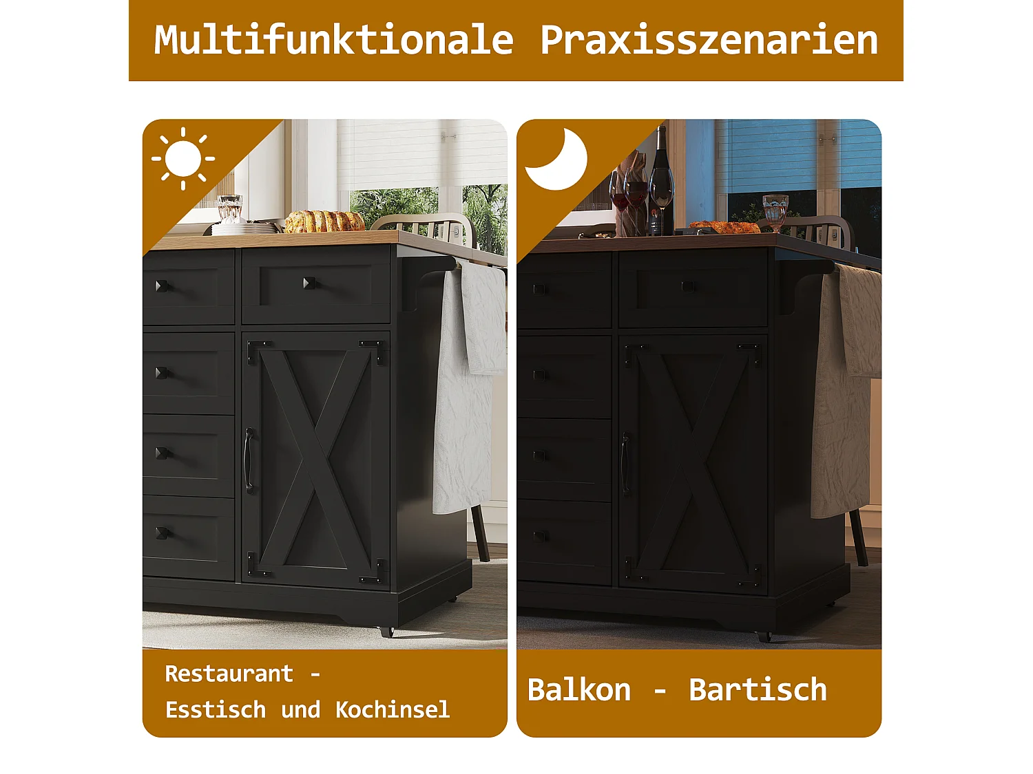 Ausziehbare Mittelinsel – 147 x 44/70 x 93 cm – mobile Einheit mit 6 Schubladen + 2 Türen – MDF + Metall – Schwarz